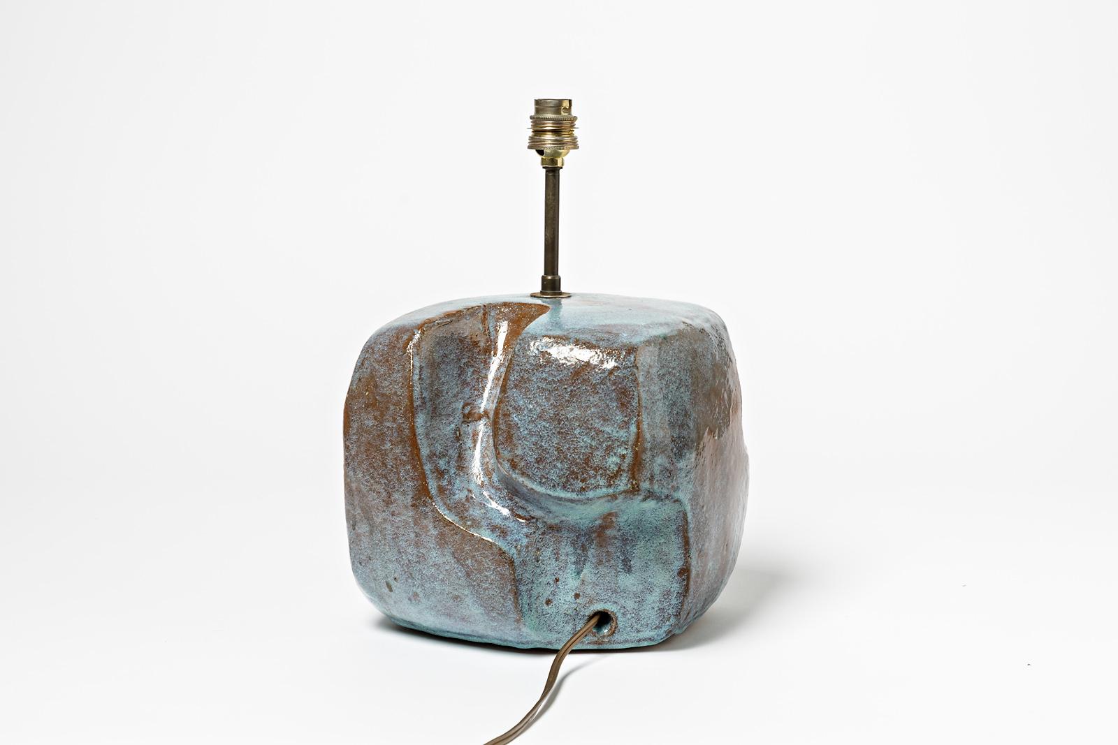 Blaue abstrakte kubistische Keramik-Tischlampe, um 1950, signiert im Zustand „Hervorragend“ im Angebot in Neuilly-en- sancerre, FR