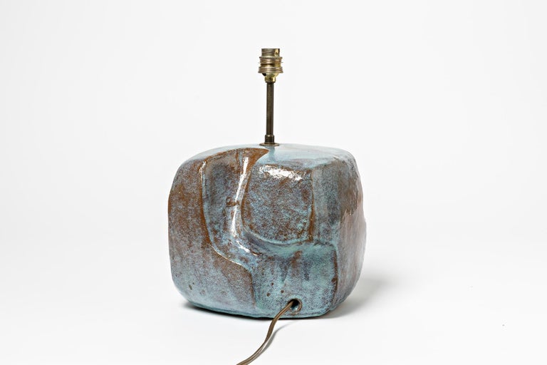 Blue Abstract Cubist Ceramic Table Lamp, circa 1950, Mid Century Signed In Excellent Condition For Sale In Neuilly-en- sancerre, FR