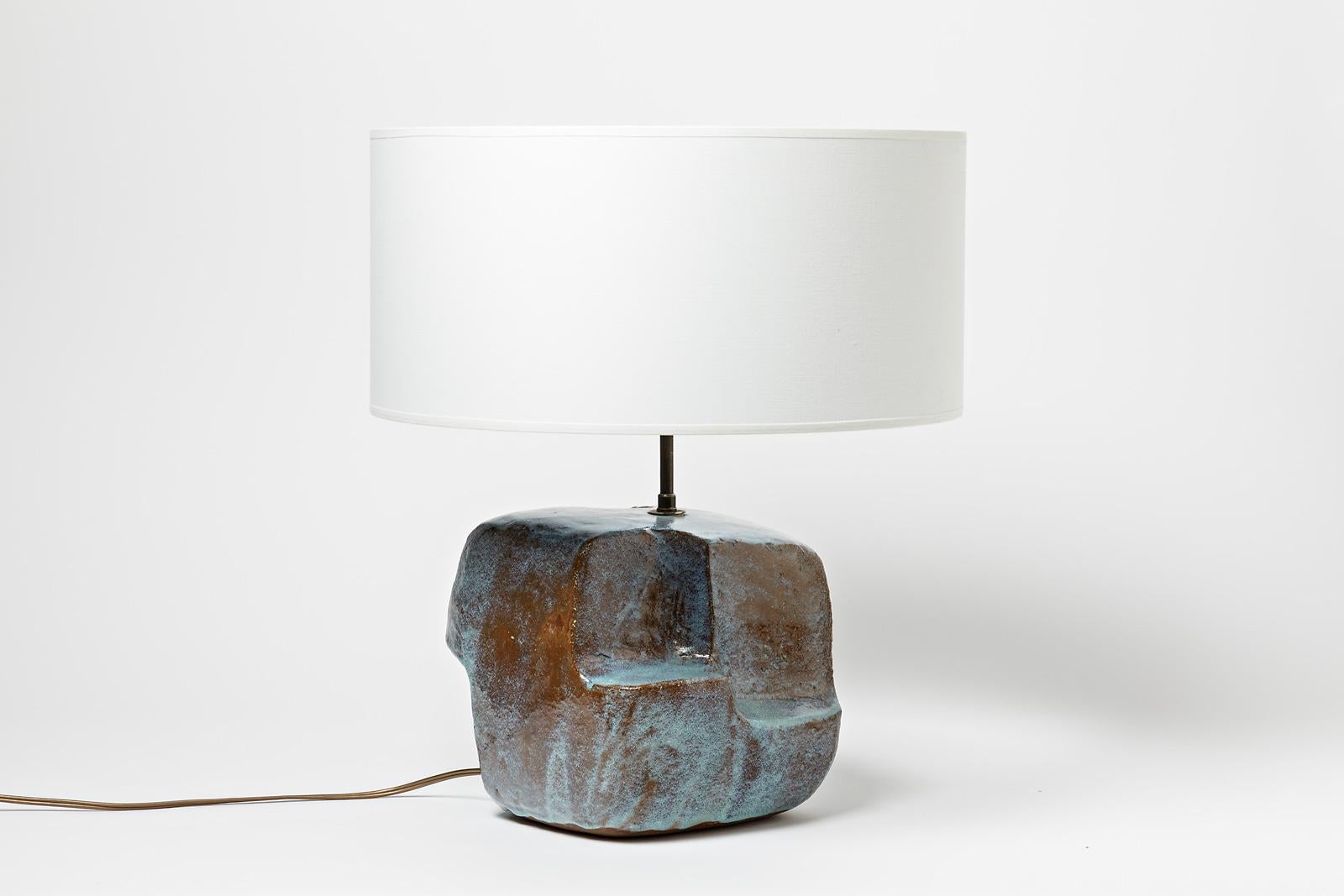 20th Century Blue Abstract Cubist Ceramic Table Lamp, circa 1950, Mid Century Signed For Sale