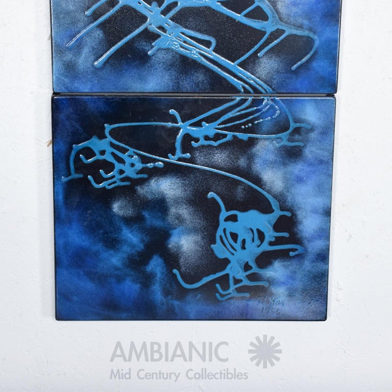 1956 Two Panel Wall Art Blue Enamel Abstract Painting by John Ferenc