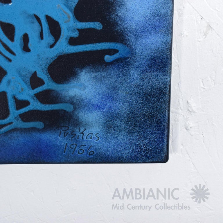 1956 Two Panel Wall Art Blue Enamel Abstract Painting by John Ferenc