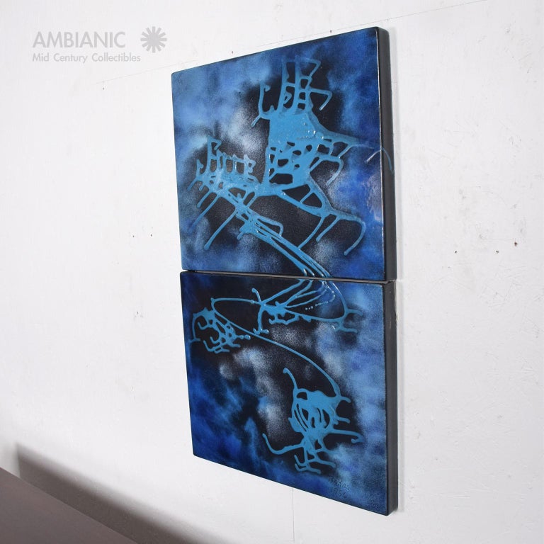 1956 Two Panel Wall Art Blue Enamel Abstract Painting by John Ferenc