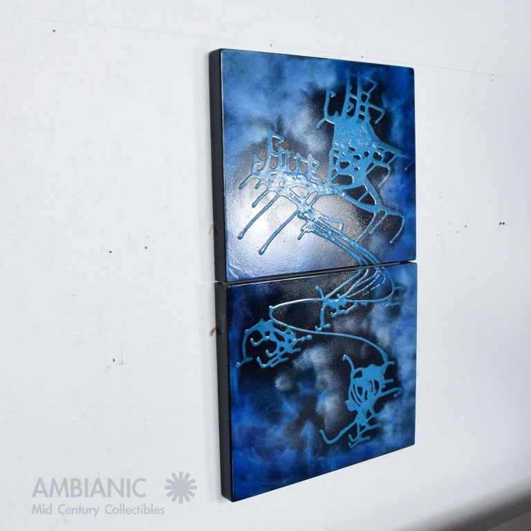 1956 Two Panel Wall Art Blue Enamel Abstract Painting by John Ferenc
