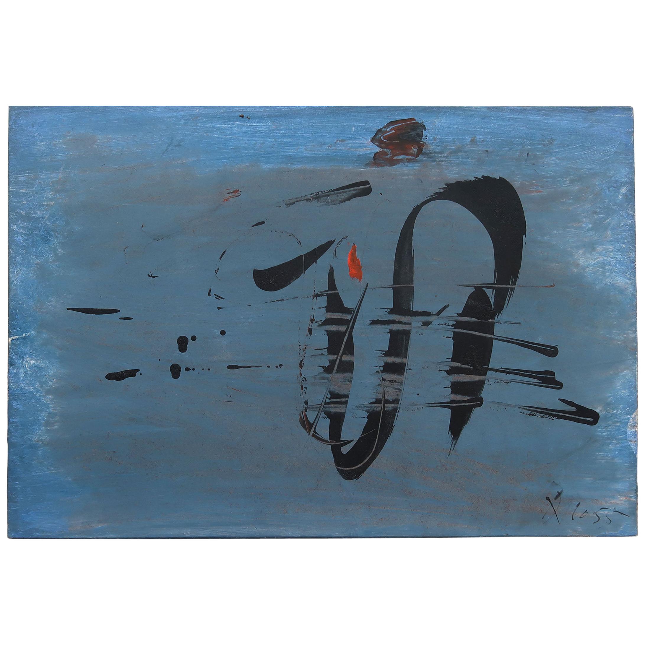 Blue Abstract Gouache on Board, Signed and Dated 1955