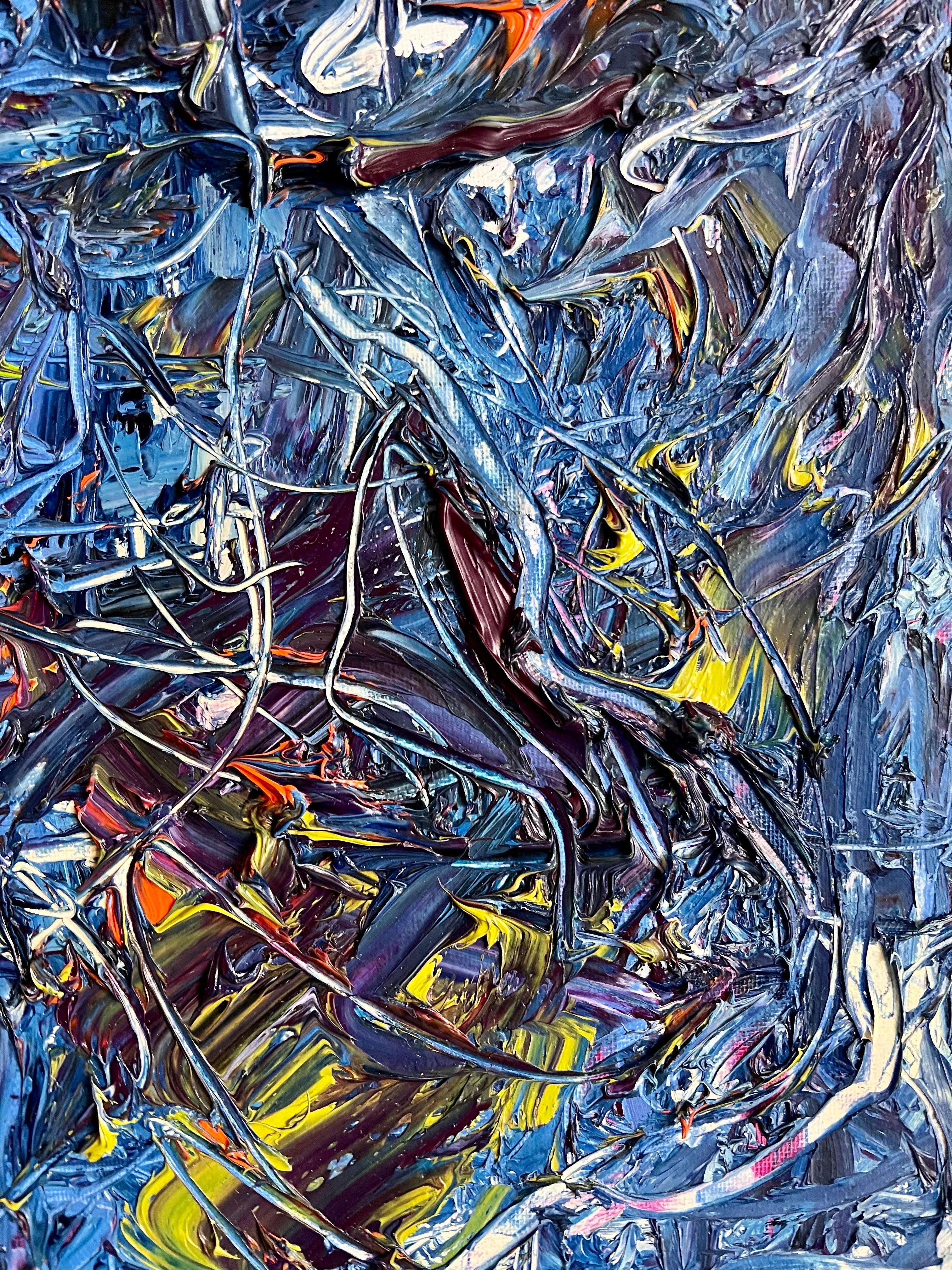 Peinture expressionniste abstraite de Norman Liebman présentant des coups de peinture à l'huile audacieux et texturés dans les bleus, les jaunes et les rouges. Signé au dos.

Norman Liebman : Peintre expressionniste abstrait
Norman Liebman, né en