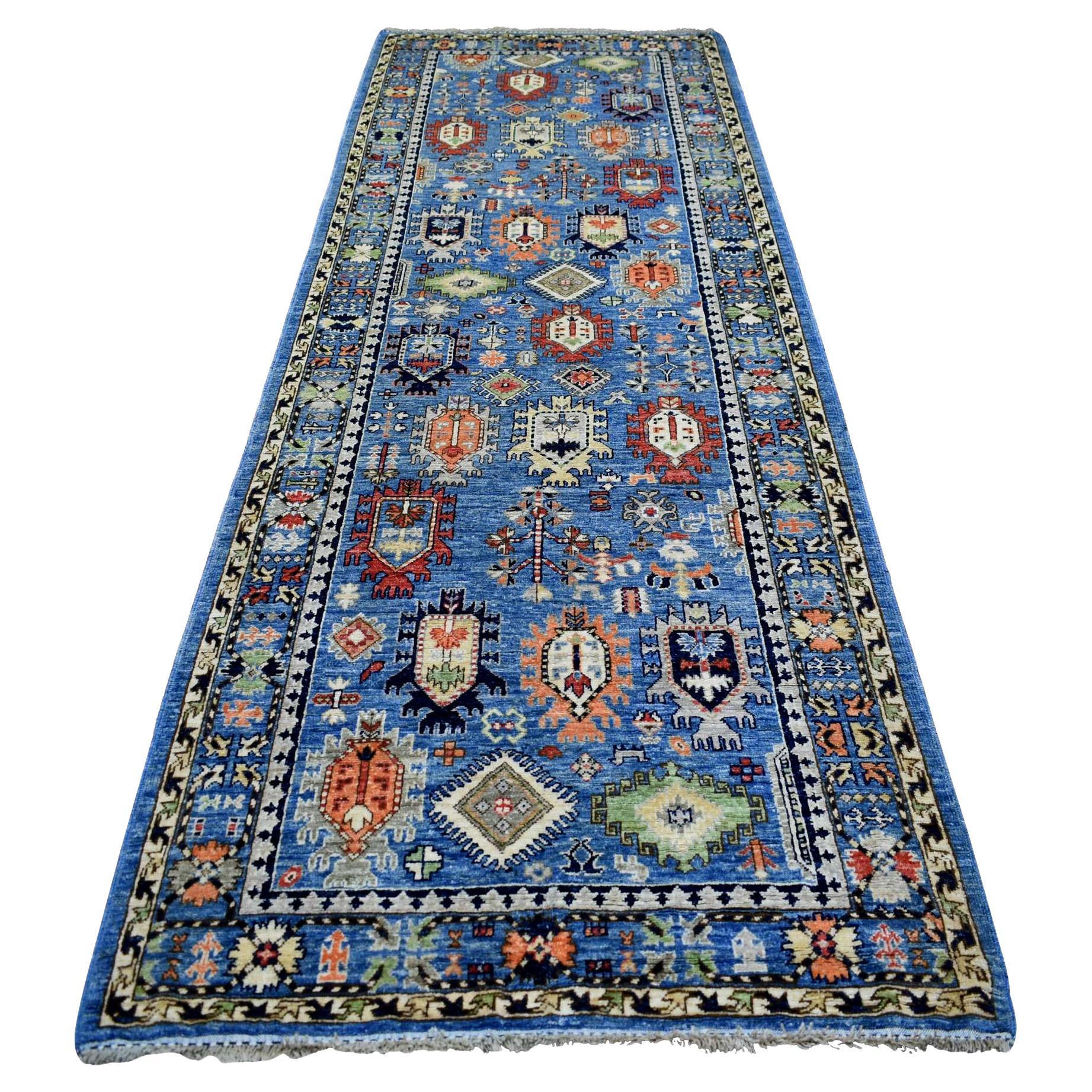 Blue Afghan Ersari Hand Knotted Pure Wool Wide Runner Oriental Rug 4'4" x 11'8"