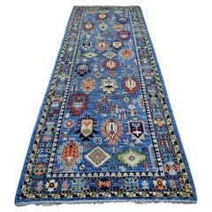 Blauer Afghan Ersari Handgeknüpfter, breiter, orientalischer Teppich aus reiner Wolle, 4'4" x 11'8"