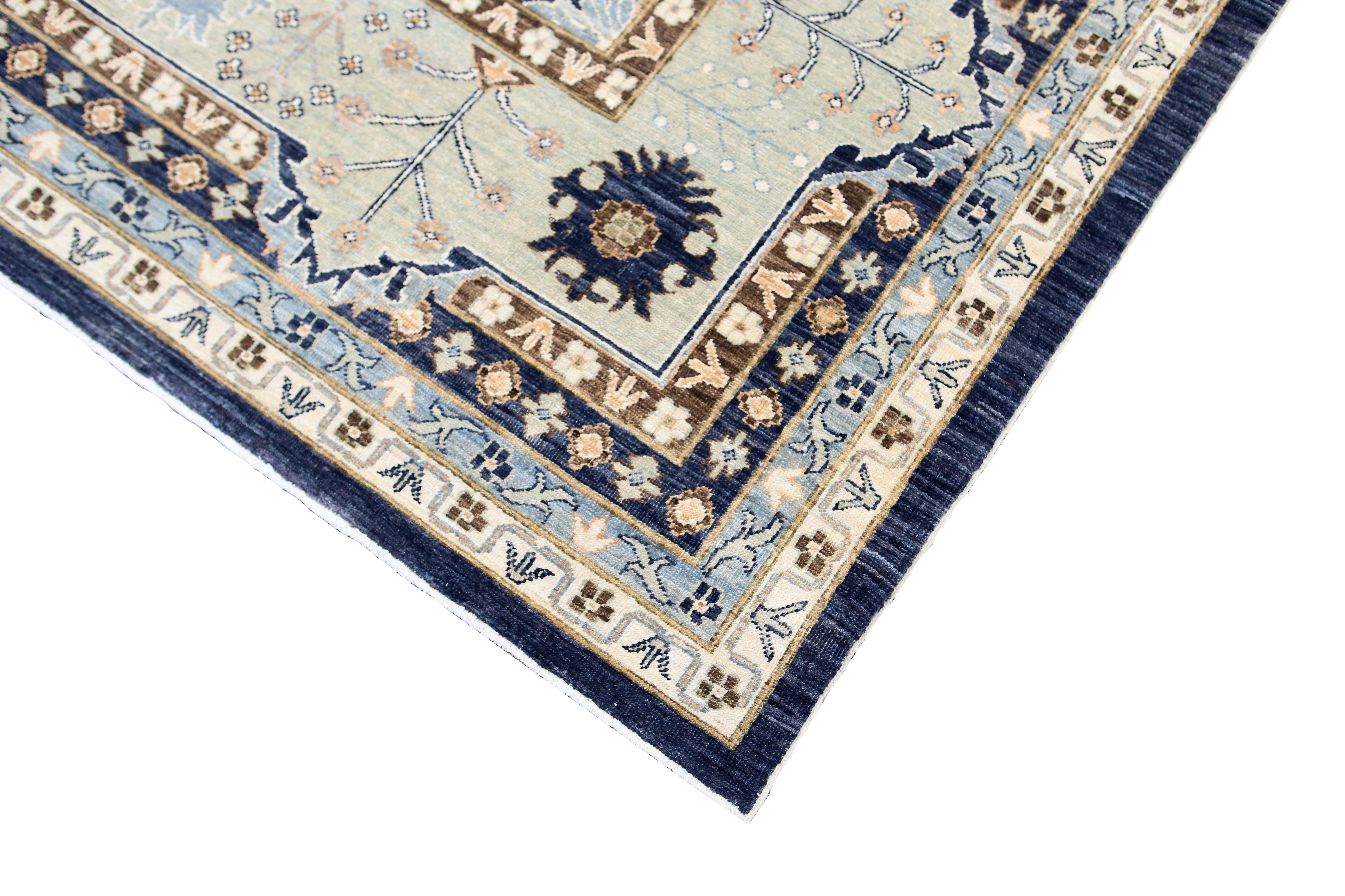 Blue white Afgan designed 10 x 14 rug.
Hand knotted with hand-spun wool, woven in Afghanistan. This beautifully designed rug will be sure to stand out in any room.
Made of 100% wool.
Yarn-dyed for vibrant, lasting color. Measures: 10'4' x 13’10