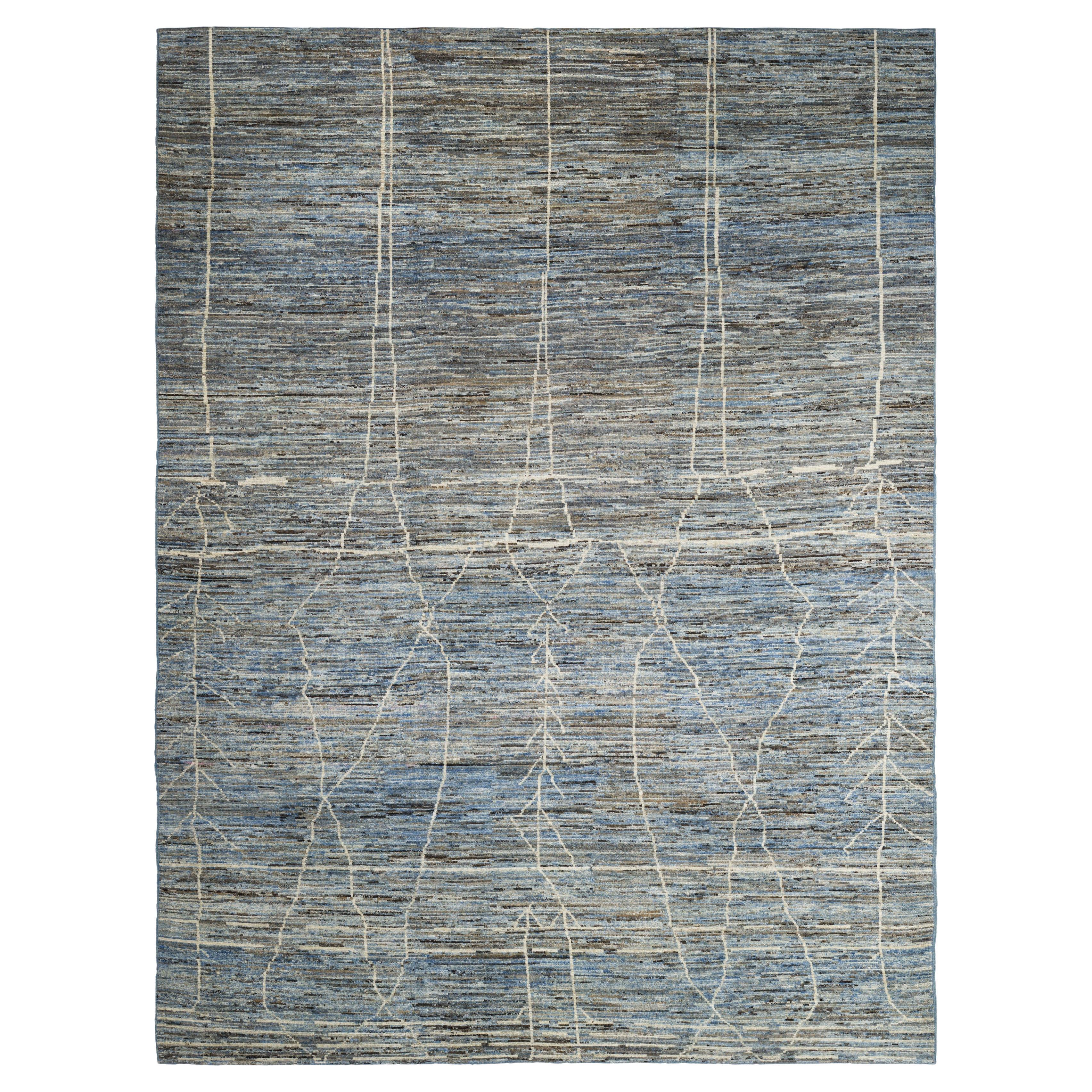 Blue Afghan Moroccan Wool Hand Knotted Rug 10 ft x 14 ft , Slate Drift Field For Sale