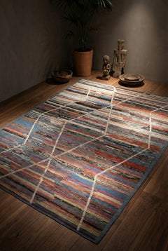 Blue Afghan Moroccan Wool Hand Knotted Rug 9 ft x 12 ft , Atlas Lattice Rhythm