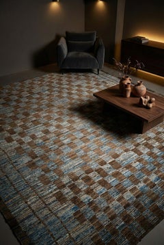 Blue Afghan Moroccan Wool Hand Knotted Rug 9 ft x 12 ft , Sky Check Harmony