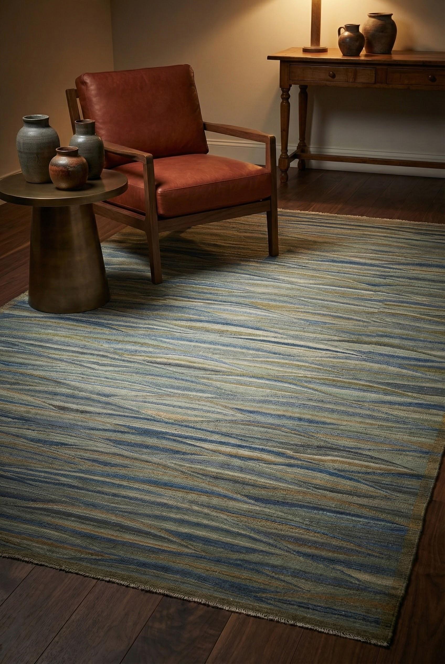 Blauer Afghanischer Wollteppich handgeknüpft 9 ft x 14 ft, Tidal Horizon Weave (Stammeskunst) im Angebot