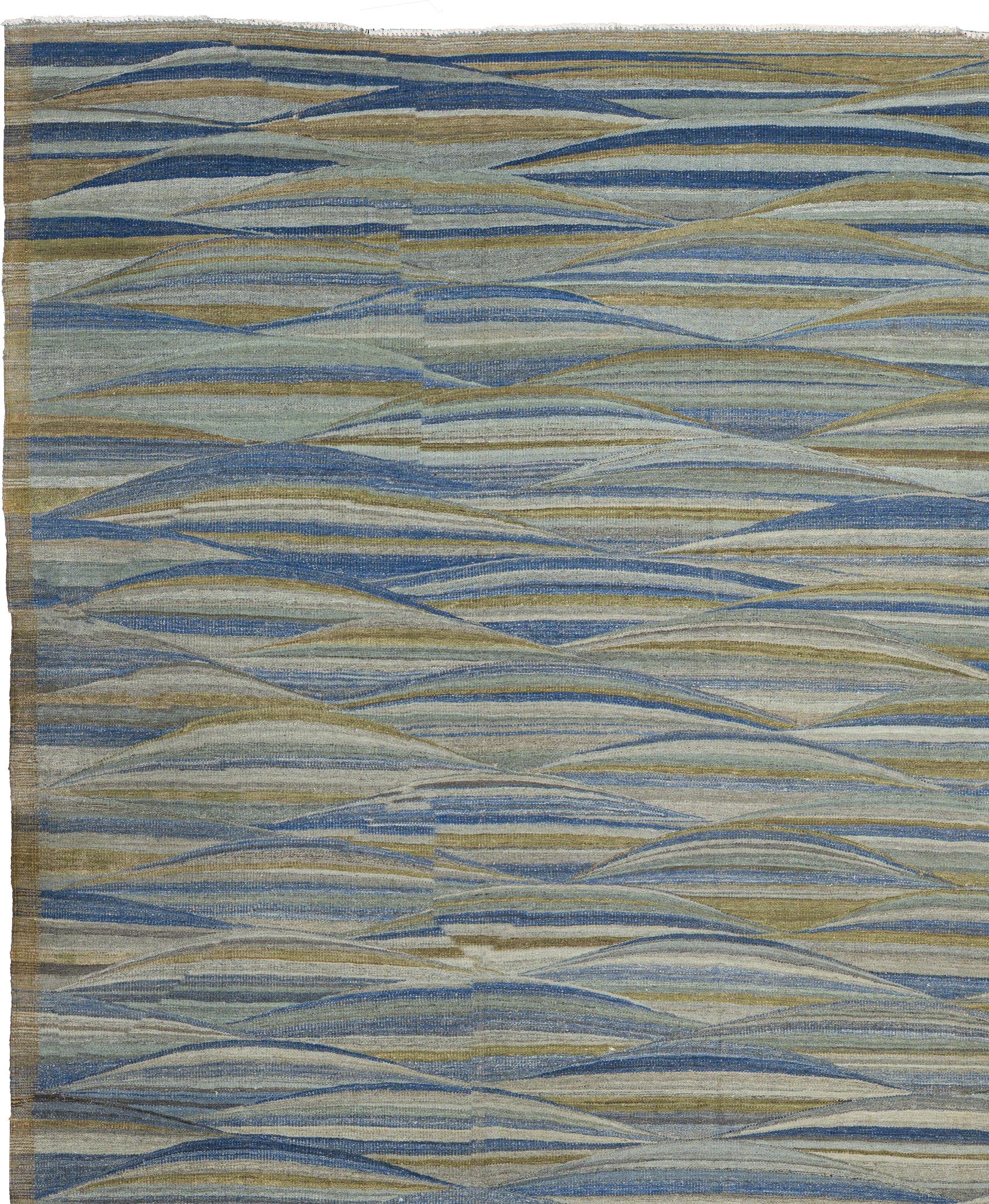 Blauer Afghanischer Wollteppich handgeknüpft 9 ft x 14 ft, Tidal Horizon Weave (Handgewebt) im Angebot
