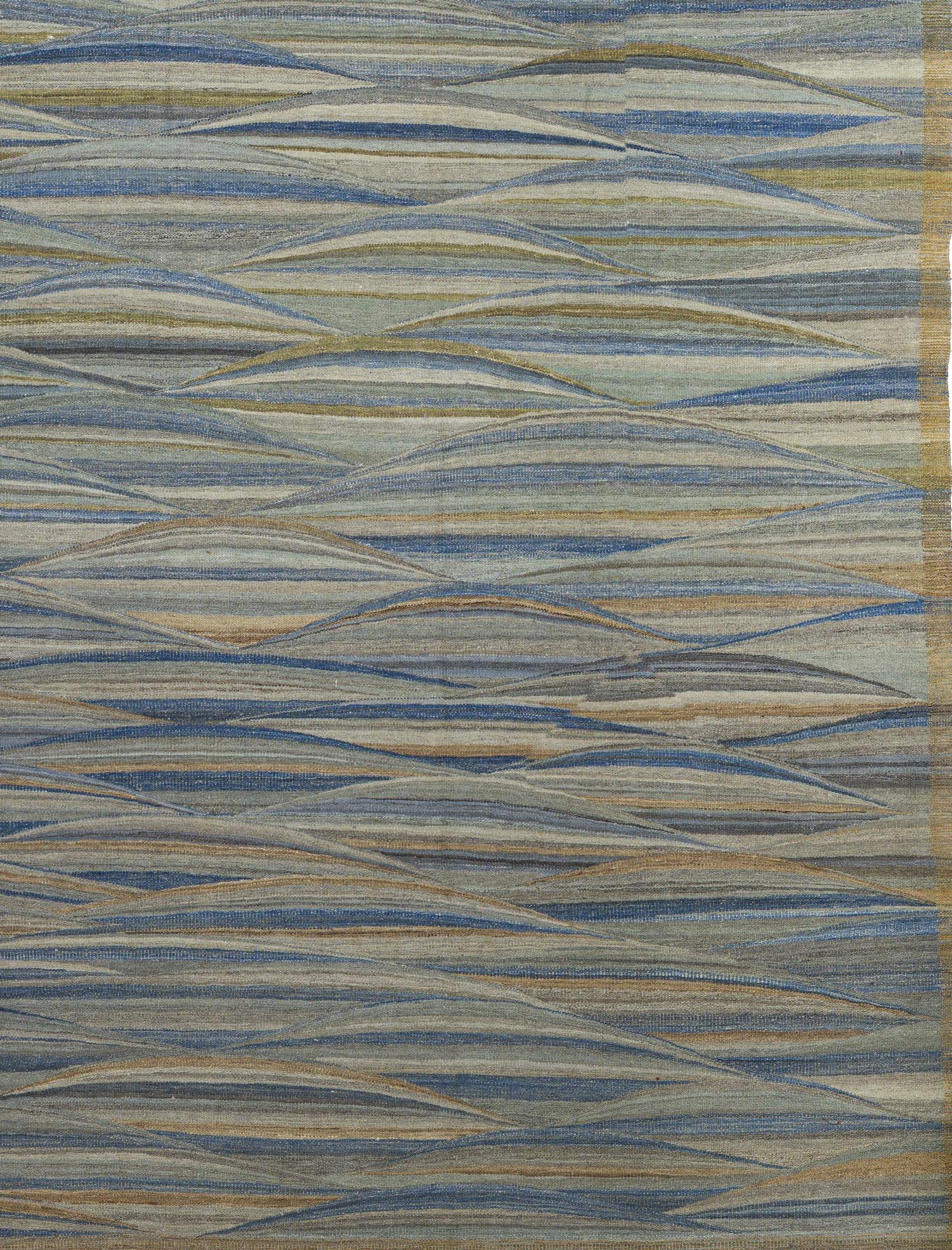 Blauer Afghanischer Wollteppich handgeknüpft 9 ft x 14 ft, Tidal Horizon Weave im Zustand „Hervorragend“ im Angebot in Dallas, TX