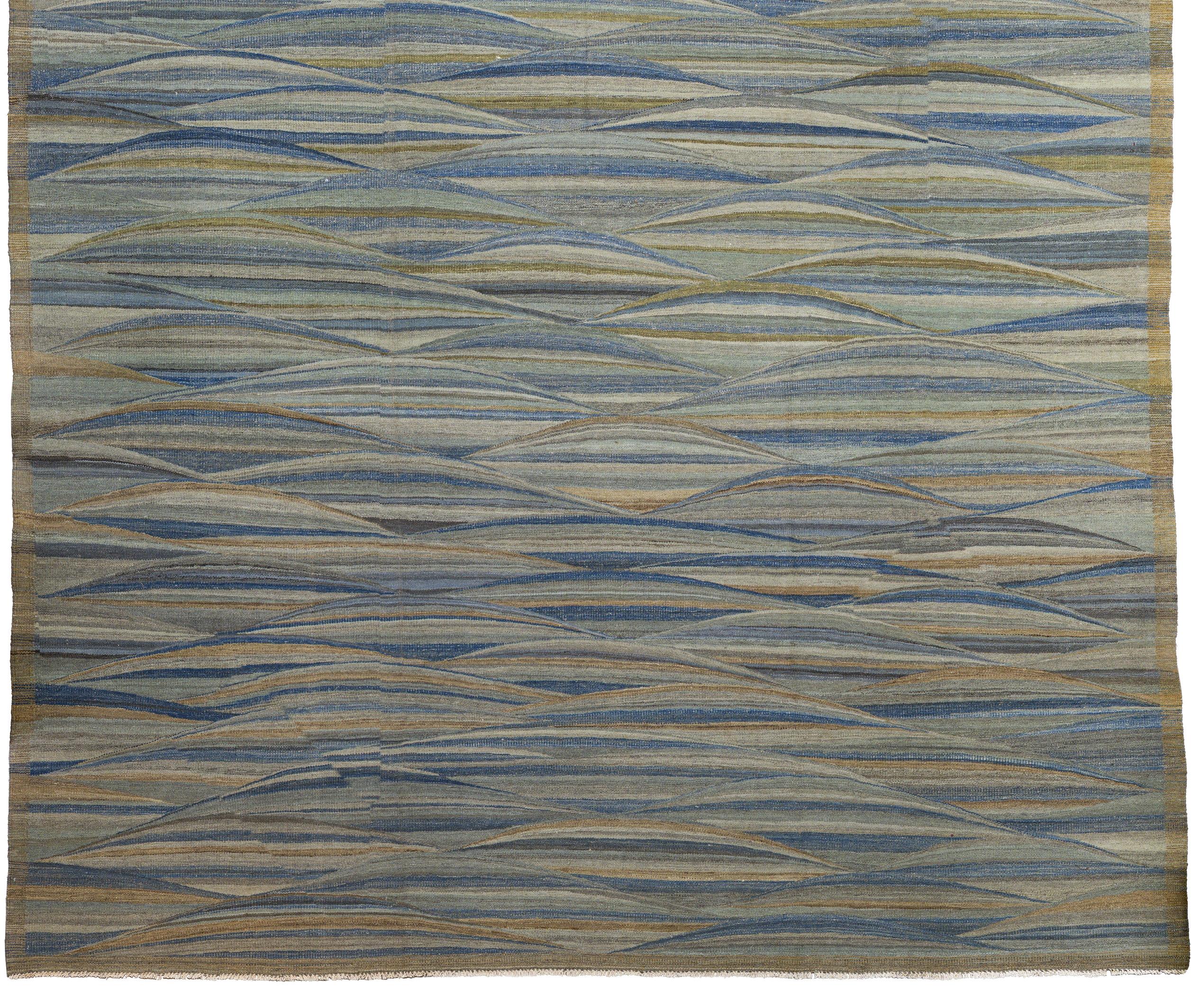 Blauer Afghanischer Wollteppich handgeknüpft 9 ft x 14 ft, Tidal Horizon Weave (Ende des 20. Jahrhunderts) im Angebot