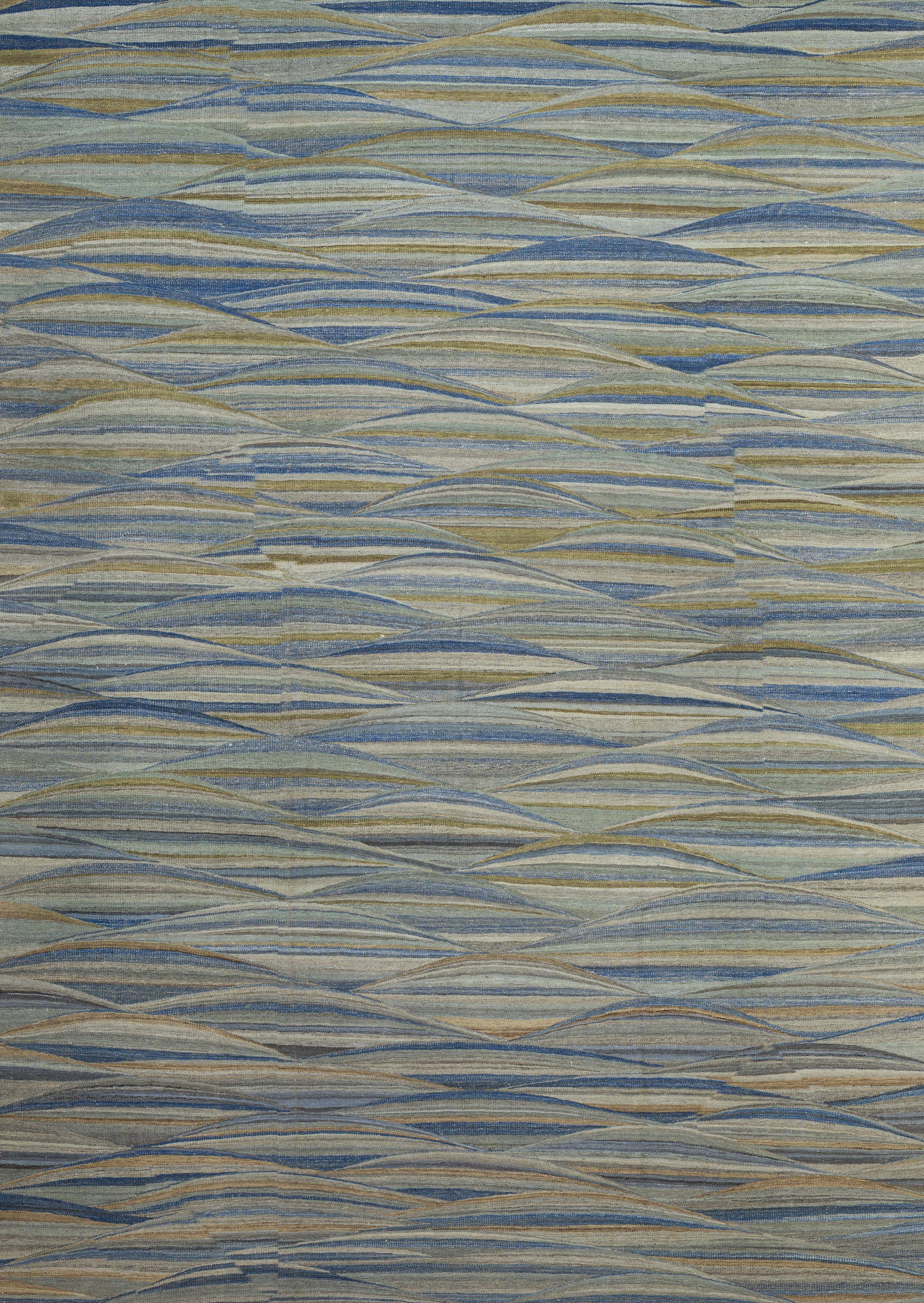 Blauer Afghanischer Wollteppich handgeknüpft 9 ft x 14 ft, Tidal Horizon Weave (Wolle) im Angebot