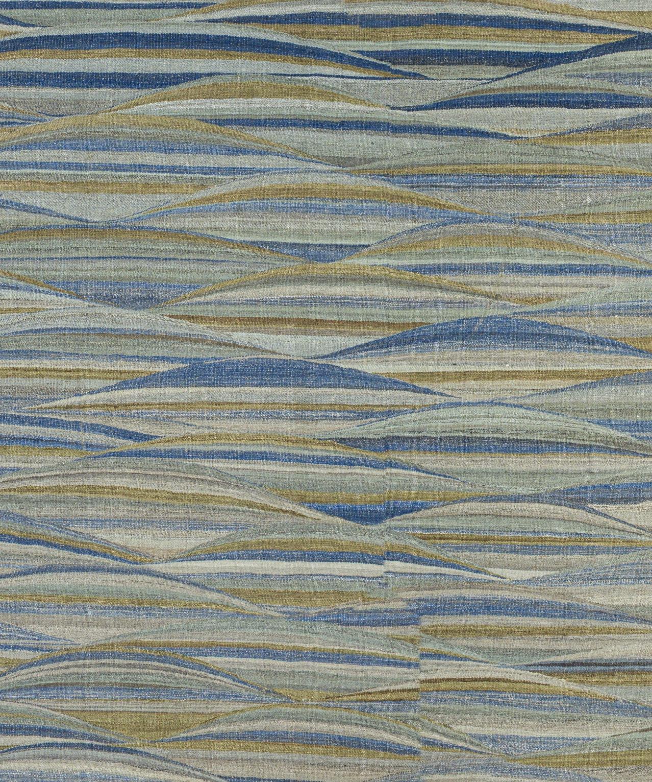 Blauer Afghanischer Wollteppich handgeknüpft 9 ft x 14 ft, Tidal Horizon Weave im Angebot 1