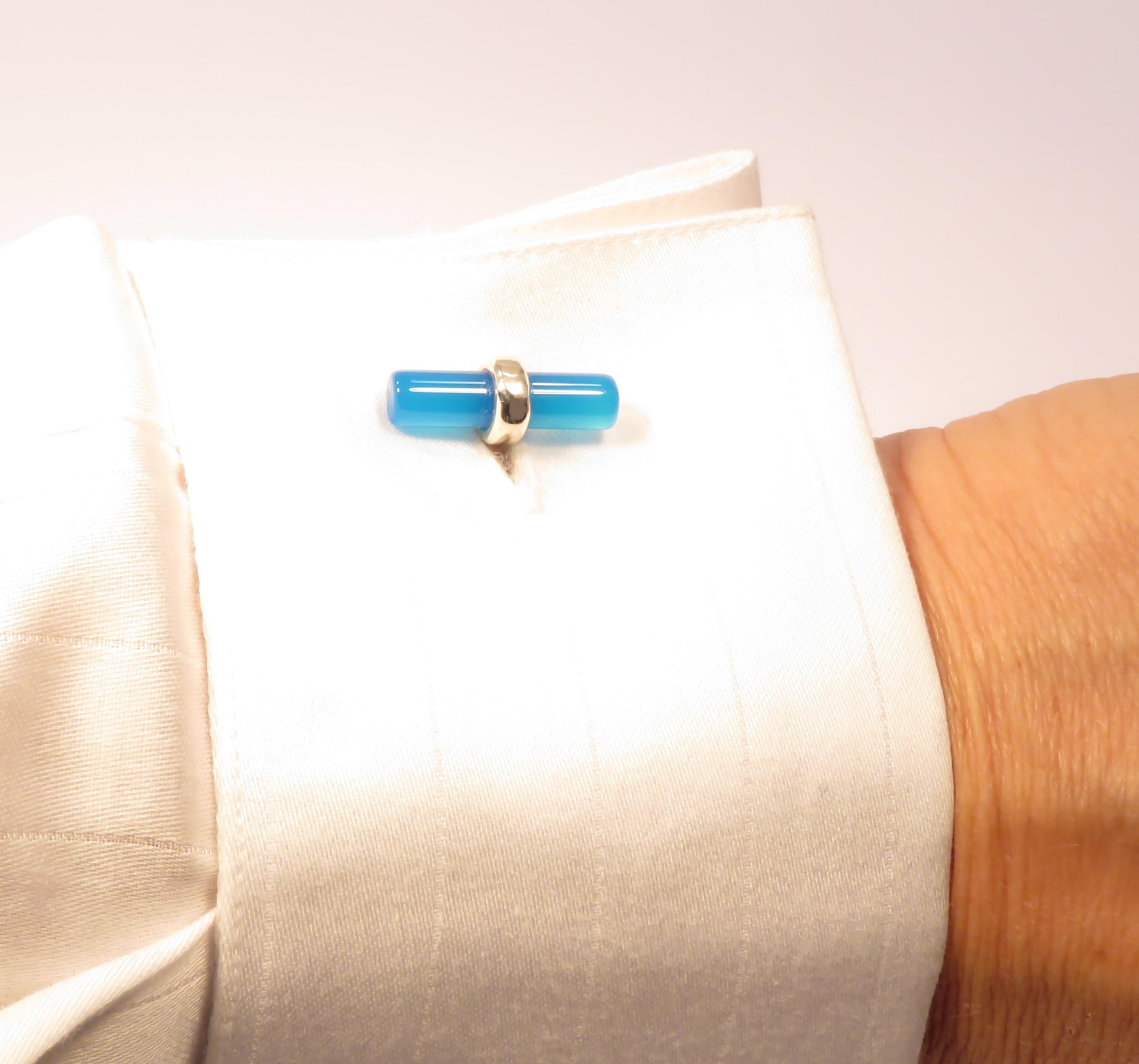 Contemporary Blue Agate 9 Karat White Gold Bar Cufflinks Handcrafted in Italy