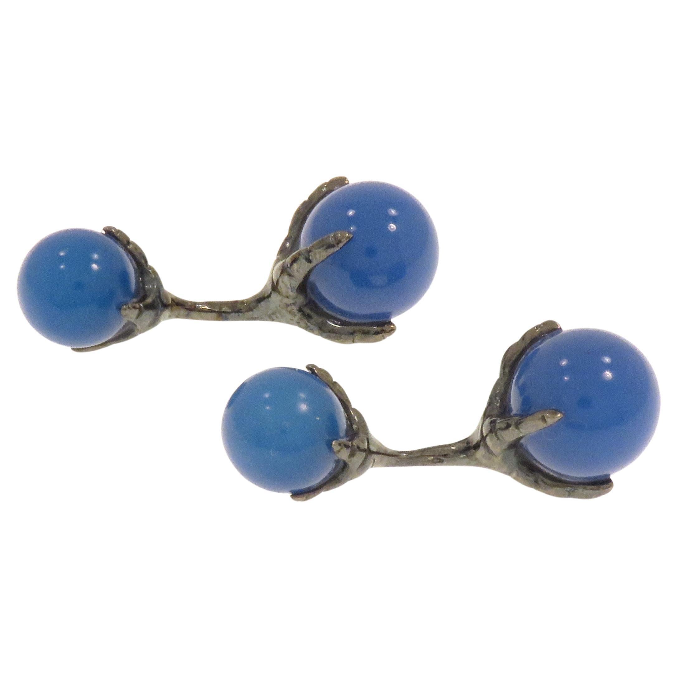 Boutons de manchette en agate bleue et or blanc 9 carats plaqué rhodium noir, fabriqués à la main en Italie en vente