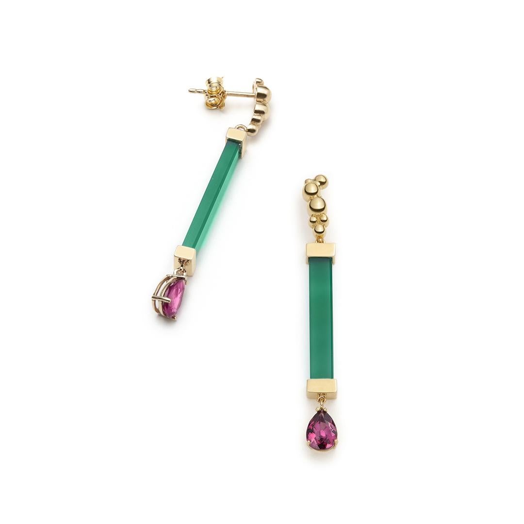 Mixed Cut Blue Agate and Rhodolite Earrings in 14K yellow Gold, by SERAFINO For Sale