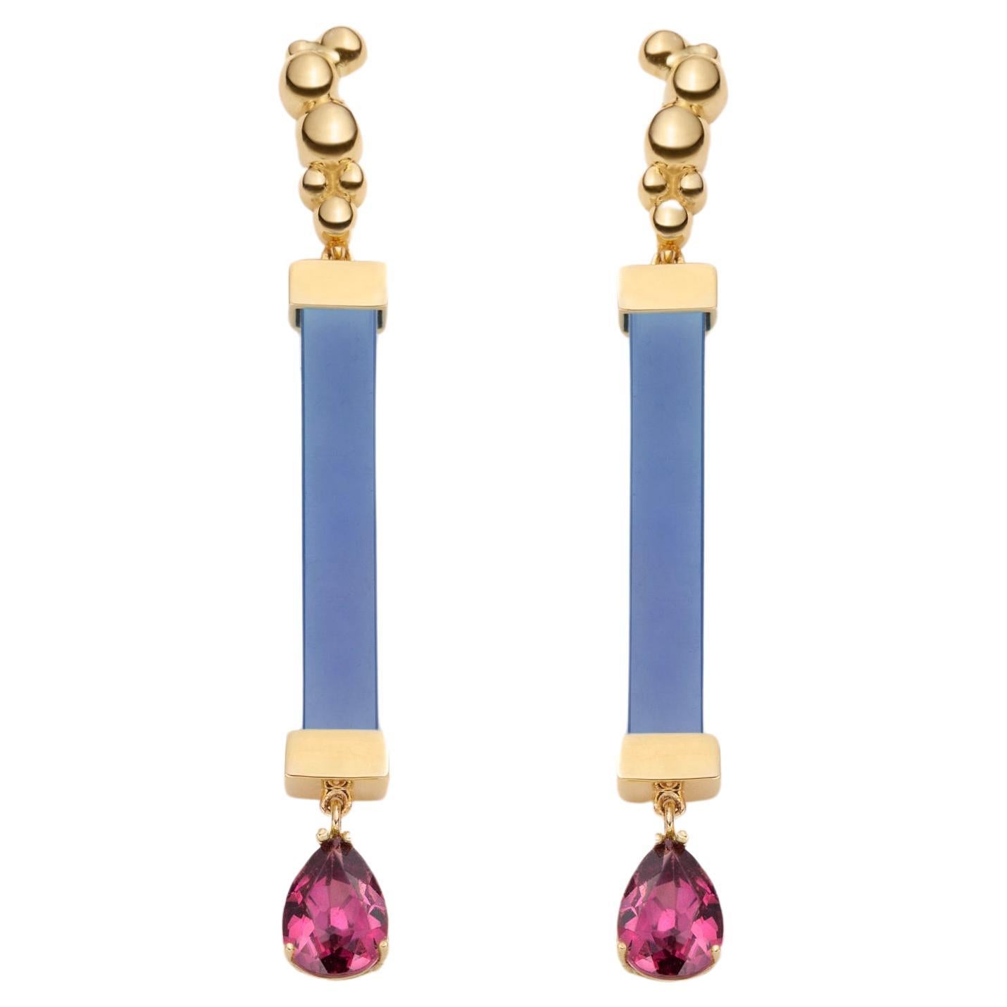 Blue Agate and Rhodolite Earrings in 14K yellow Gold, by SERAFINO For Sale