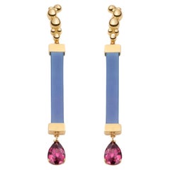 Blue Agate and Rhodolite Earrings in 14K yellow Gold, by SERAFINO