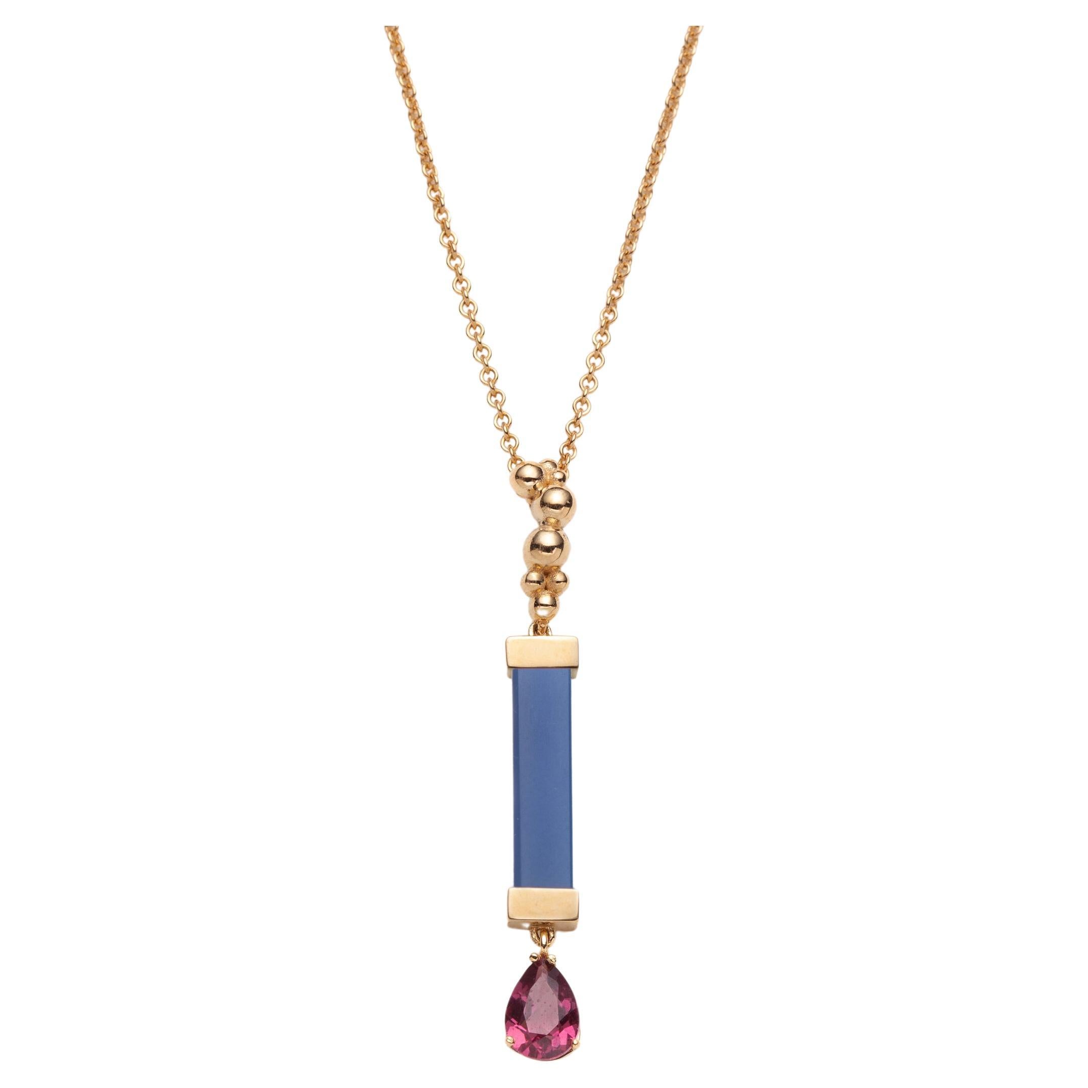 Blue agate and Rhodolite Pendant in 14K yellow Gold, by SERAFINO For Sale