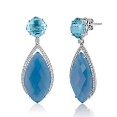 17.15 Carats Blue Agate Blue Topaz Diamond Gold Dangle Earrings