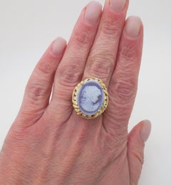 Blue Agate Carved Cameo and Diamond Ring