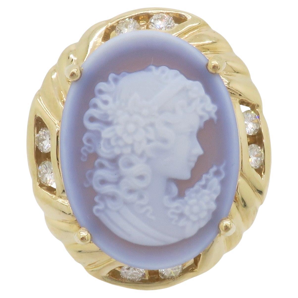 Blue Agate Carved Cameo and Diamond Ring