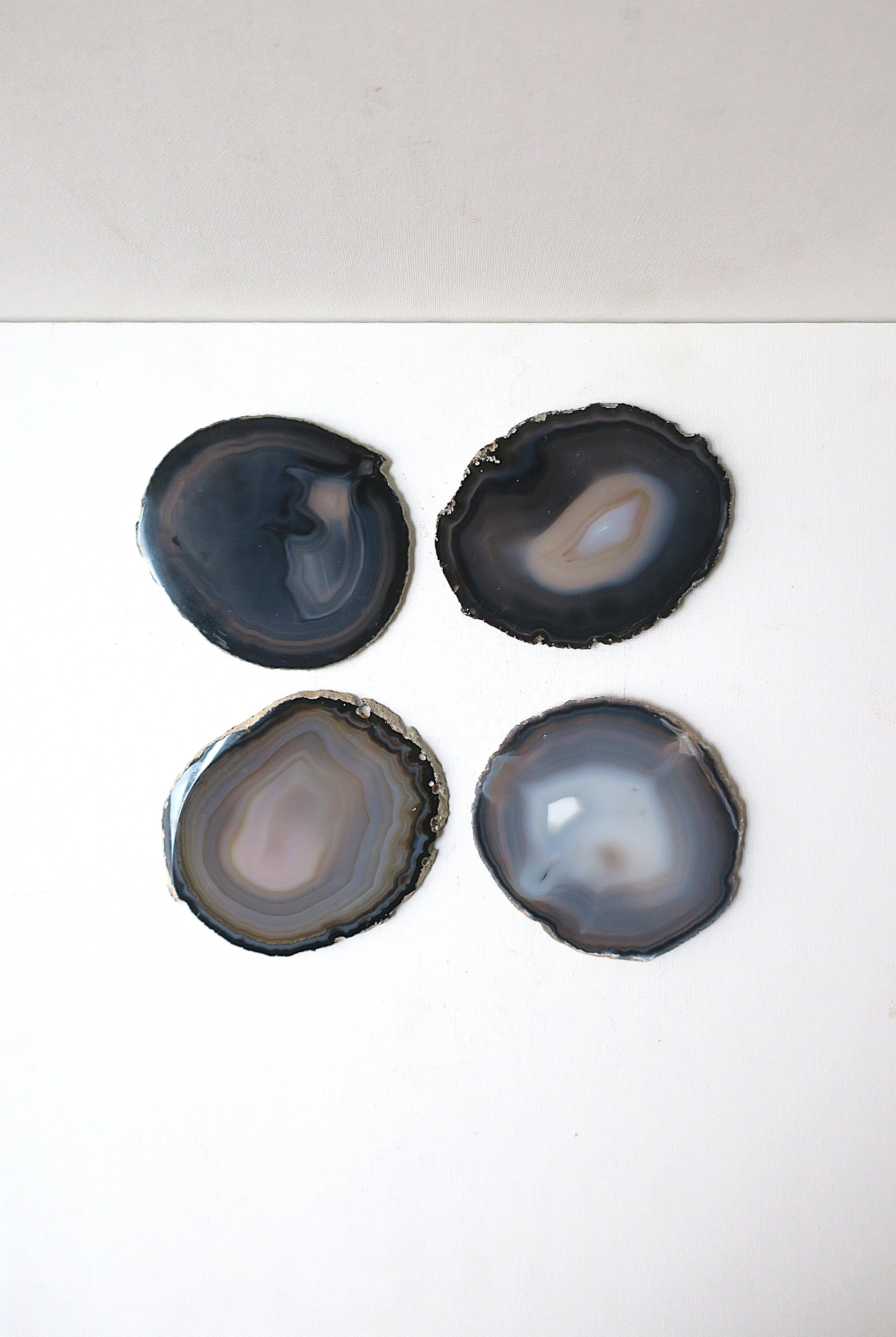 A beautiful set of four (4) polished blue agate cocktail, Champagne, or any drink coasters. Beautiful shades of blue and a touch of grey. A great addition to any bar, bar cart, or entertaining area, etc., and a necessity for protecting furniture
