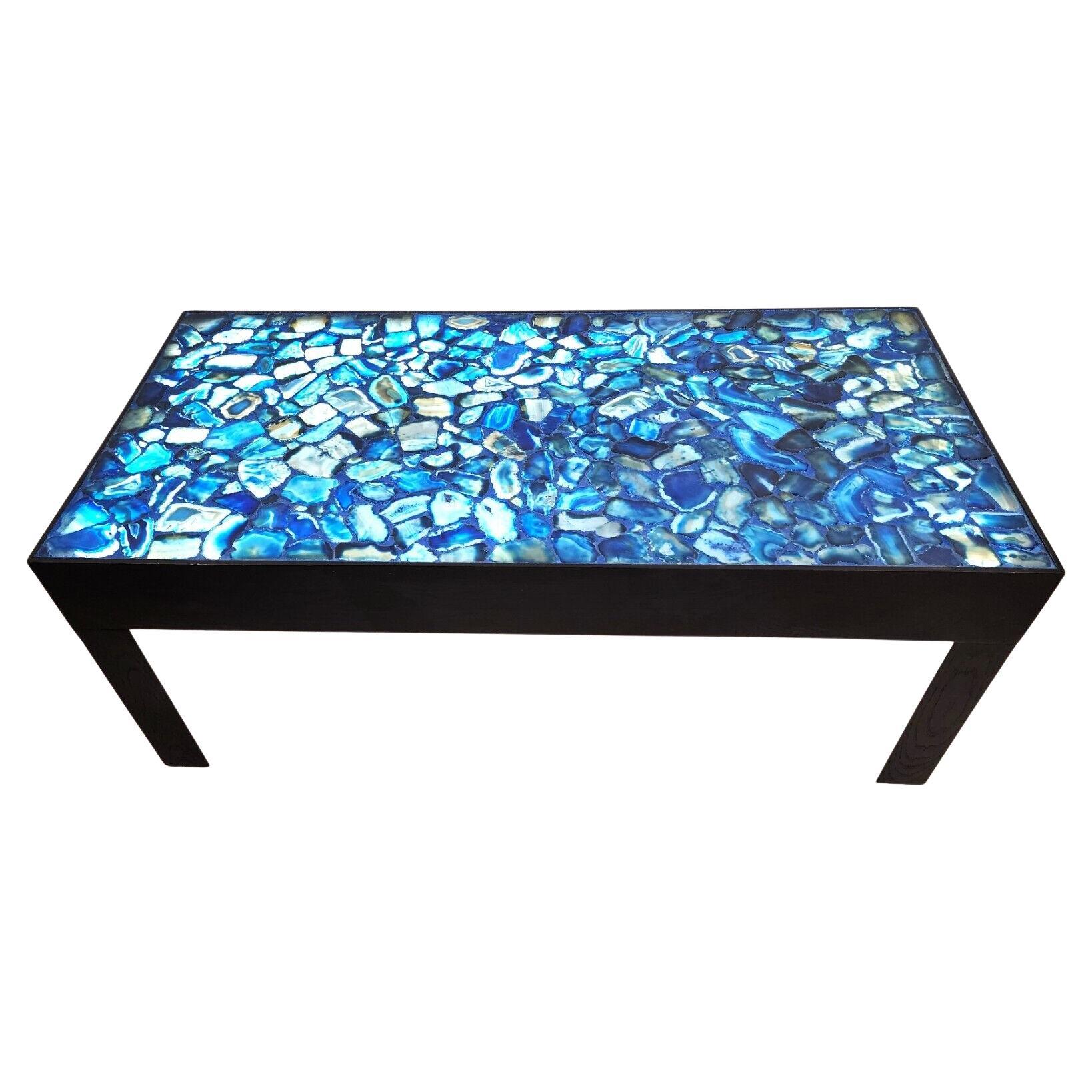 Table basse en agate bleue rétro-éclairée sur mesure