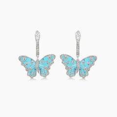 Blue Agate & Diamonds Butterfly Sweet 18K White Gold Drop Earrings