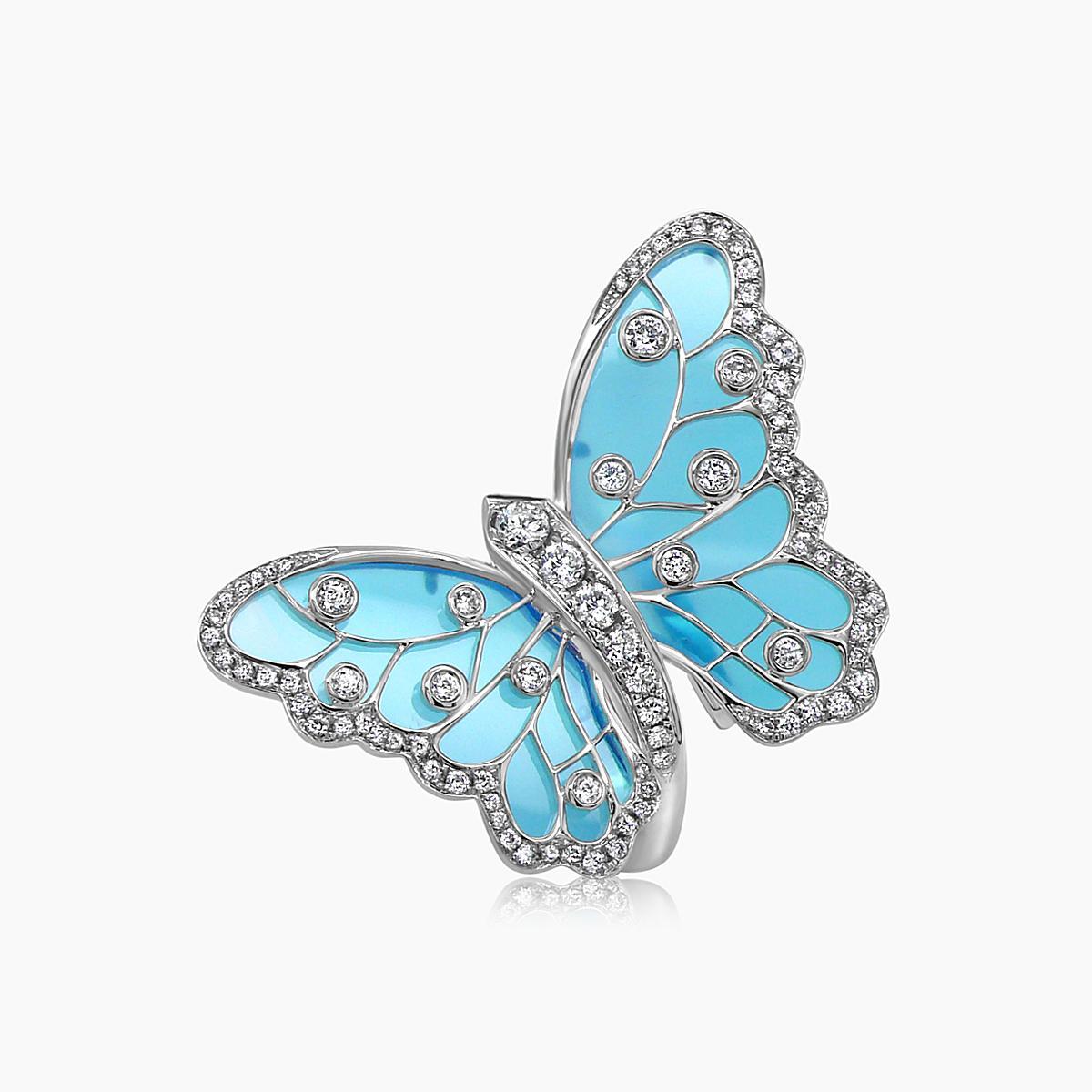 Blue Agate & Diamonds Butterfly Sweet 18K White Gold Ring In New Condition For Sale In Oakton, VA