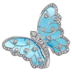Blue Agate & Diamonds Butterfly Sweet 18K White Gold Ring