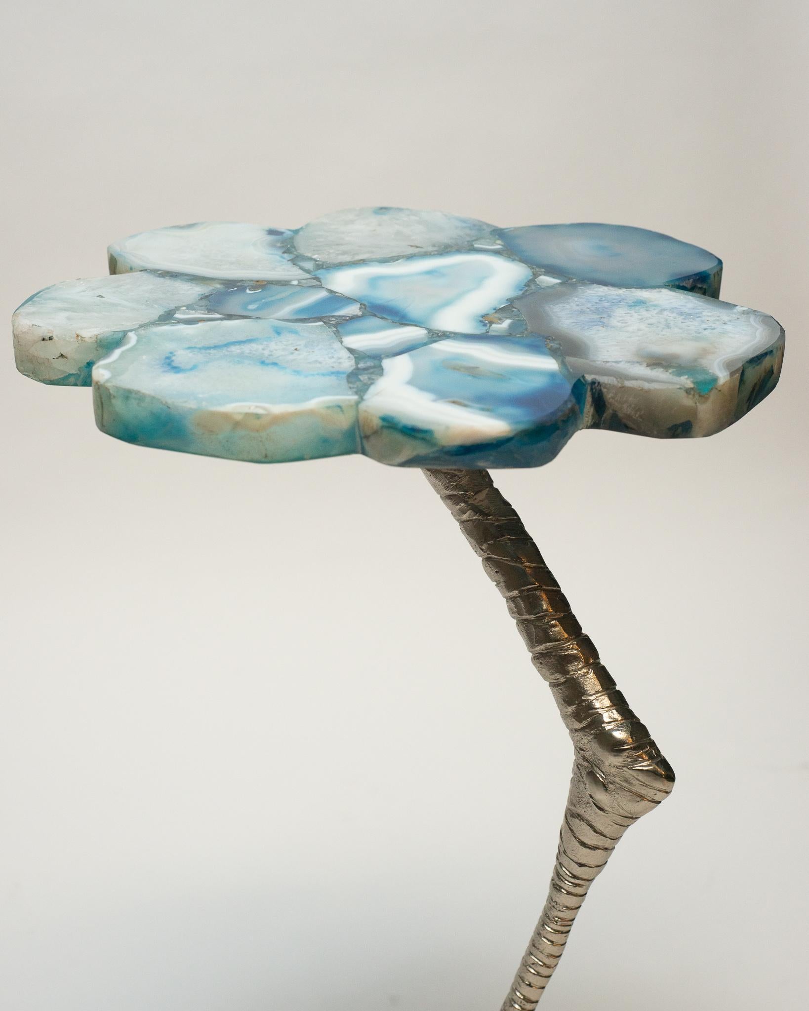 Contemporary Blue Agate Drink Table with Chrome Silver Ostrich Leg In New Condition In Toronto, ON