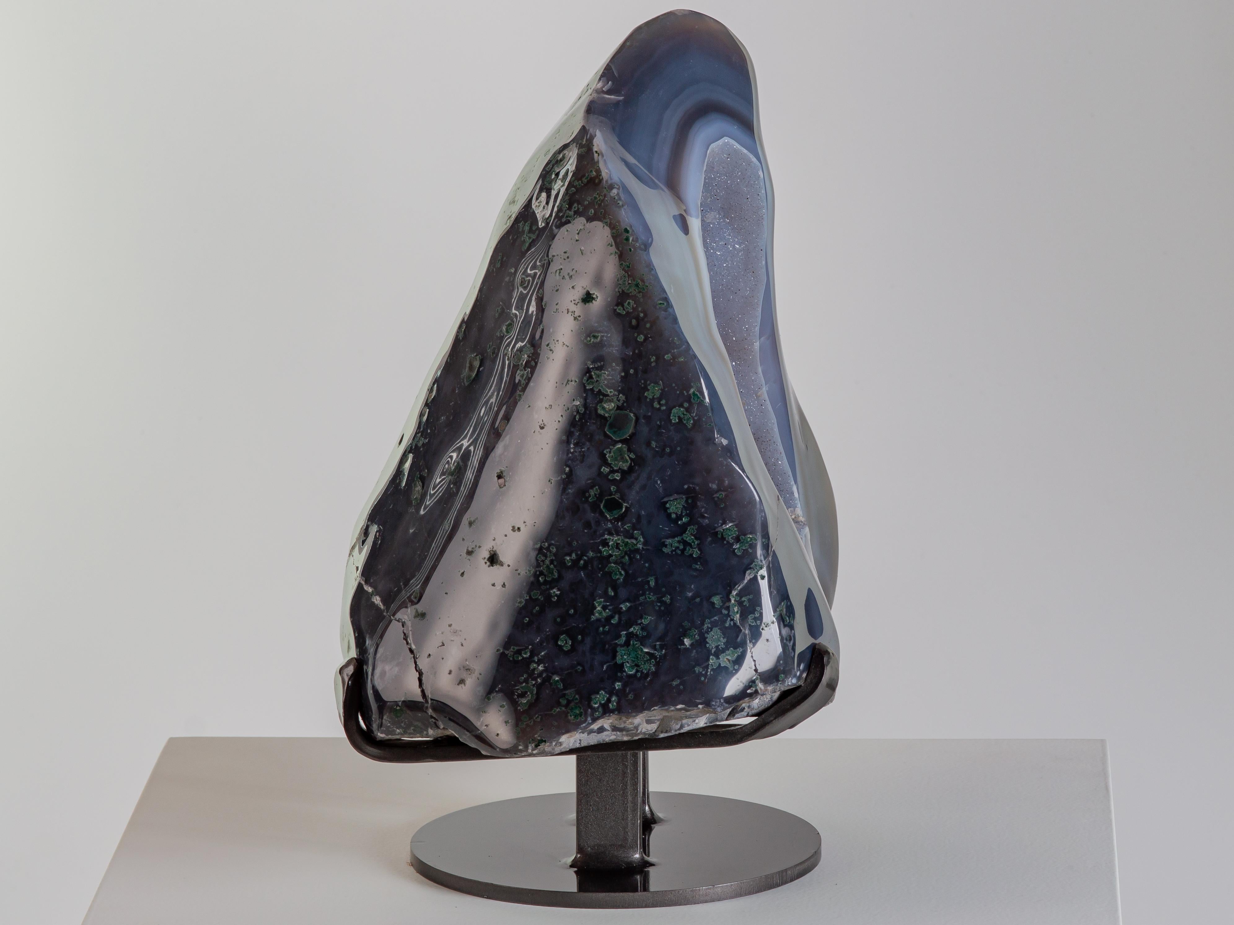 18th Century and Earlier Blue Agate Pyramidal Cave Formation with Druze For Sale