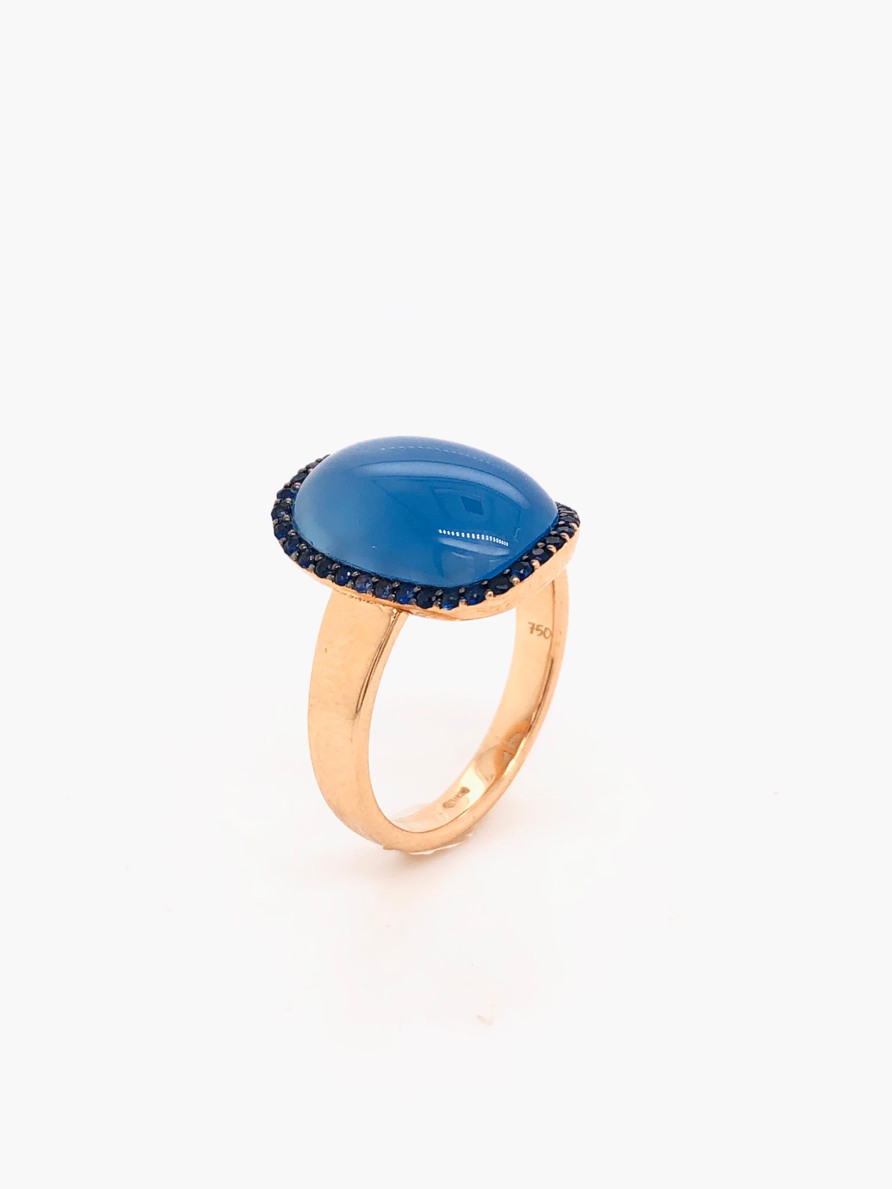 Blauer Achat Ring Blauer Saphir Rose Gold 18 Karat (Cabochon) im Angebot