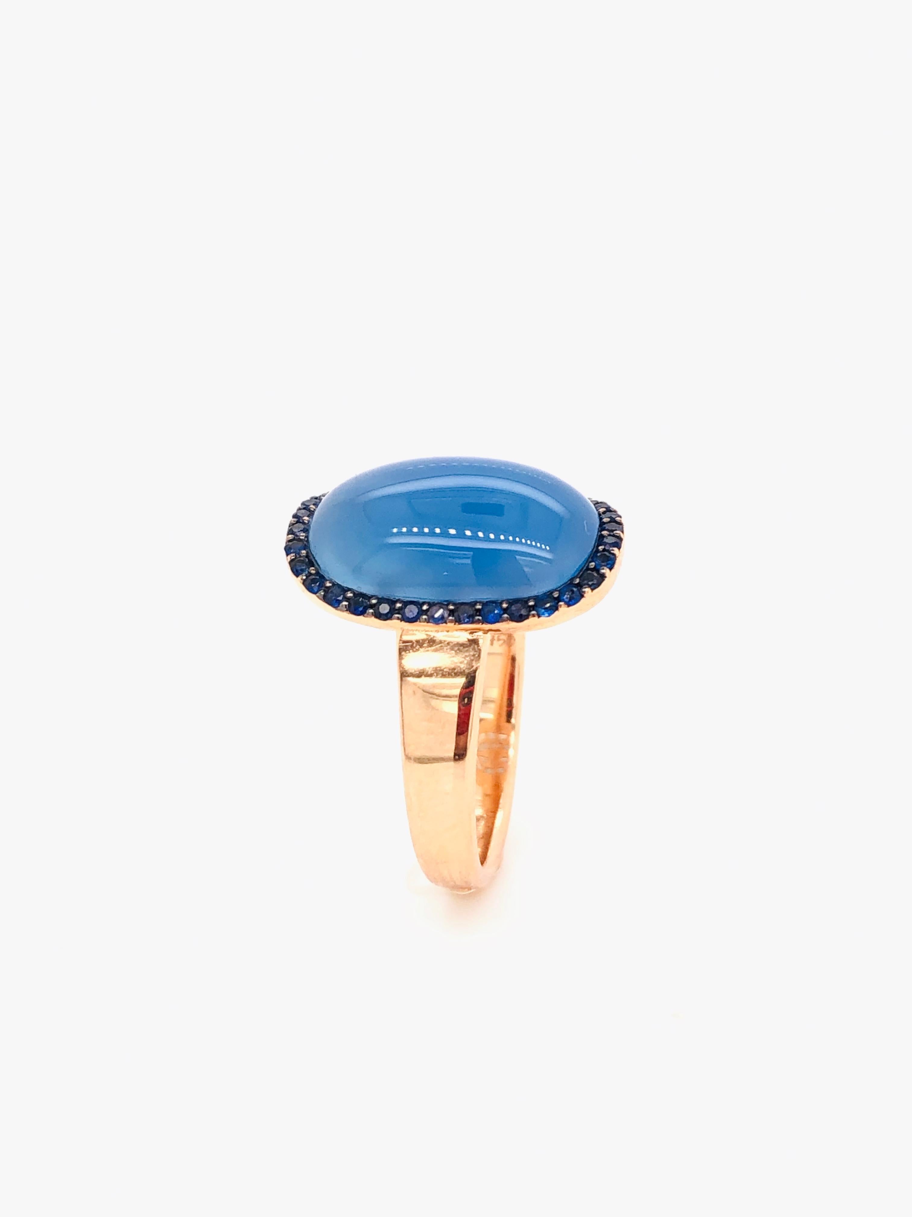 Cabochon Blue Agate Ring Blue Sapphire Rose Gold 18 Karat For Sale