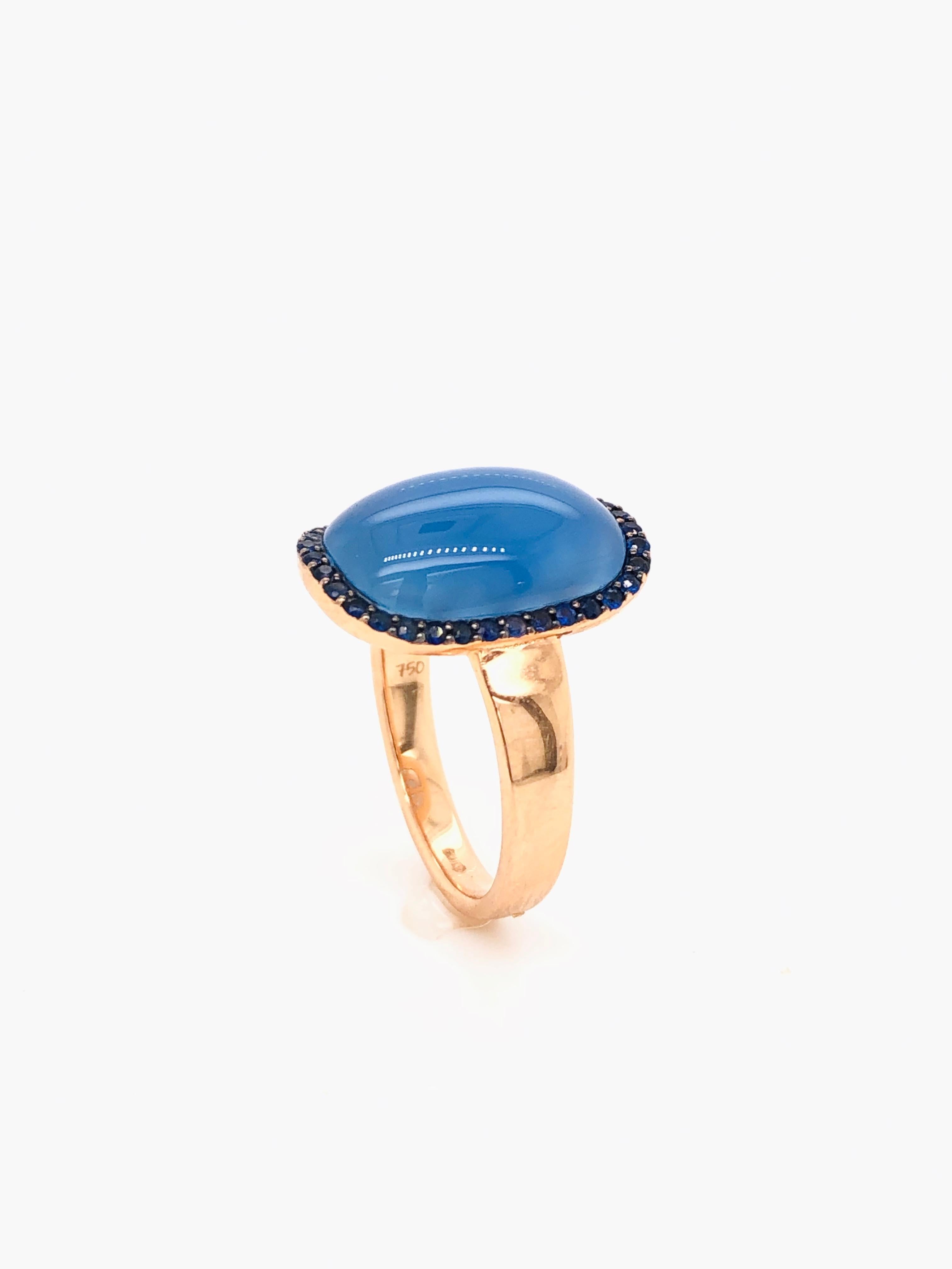 Blue Agate Ring Blue Sapphire Rose Gold 18 Karat In New Condition For Sale In Vannes, FR
