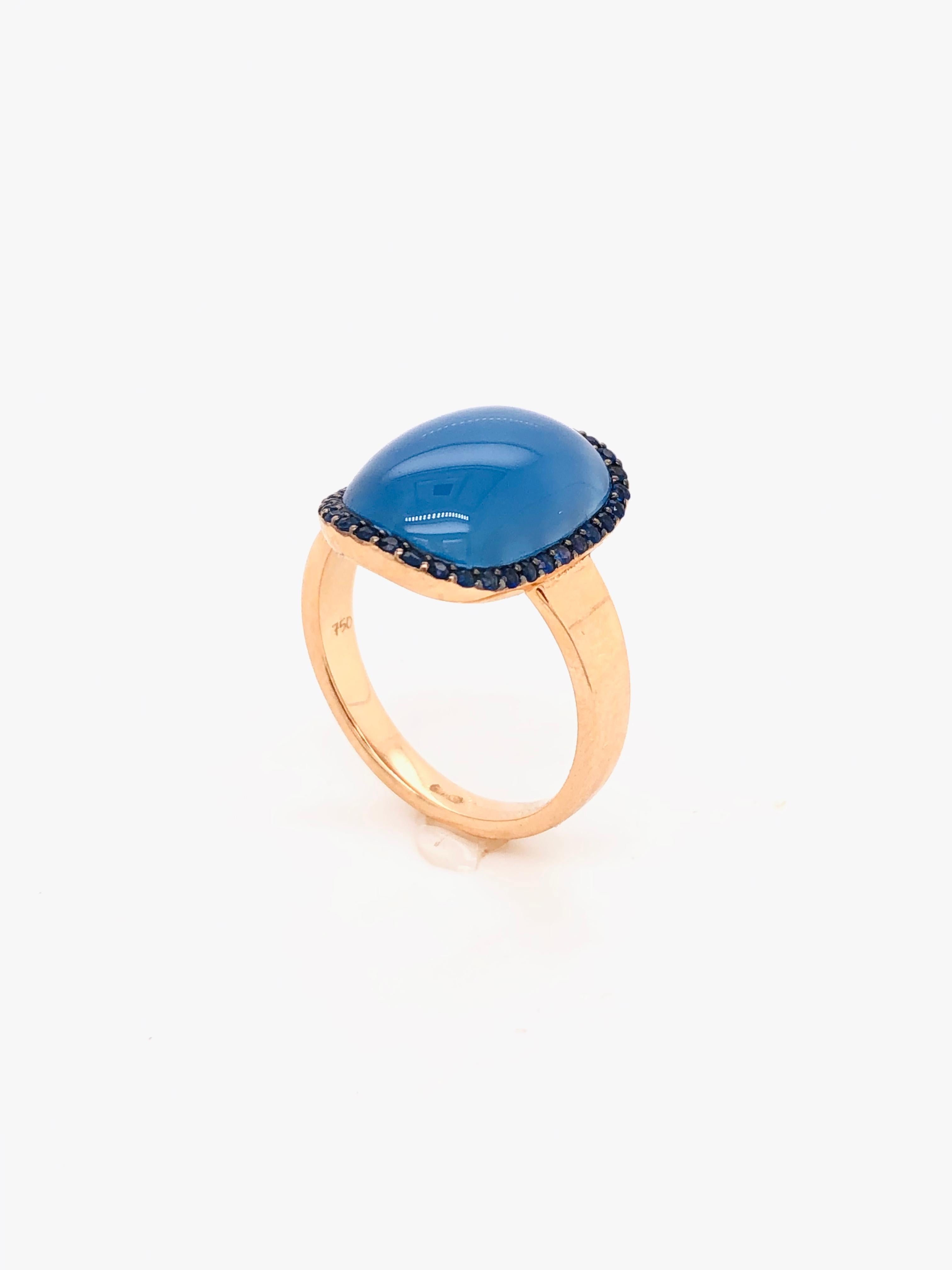 Women's Blue Agate Ring Blue Sapphire Rose Gold 18 Karat For Sale