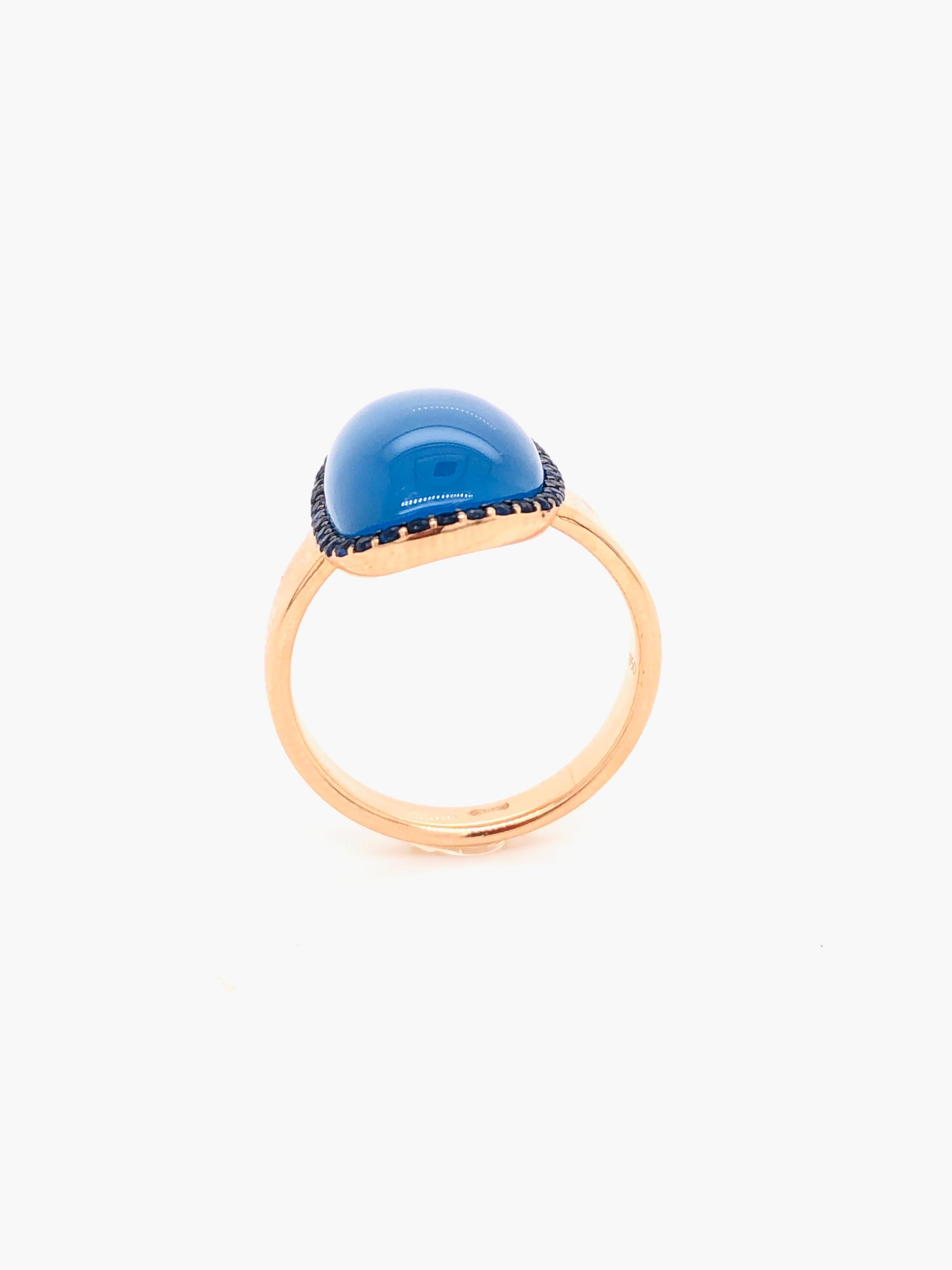 Blue Agate Ring Blue Sapphire Rose Gold 18 Karat For Sale 1
