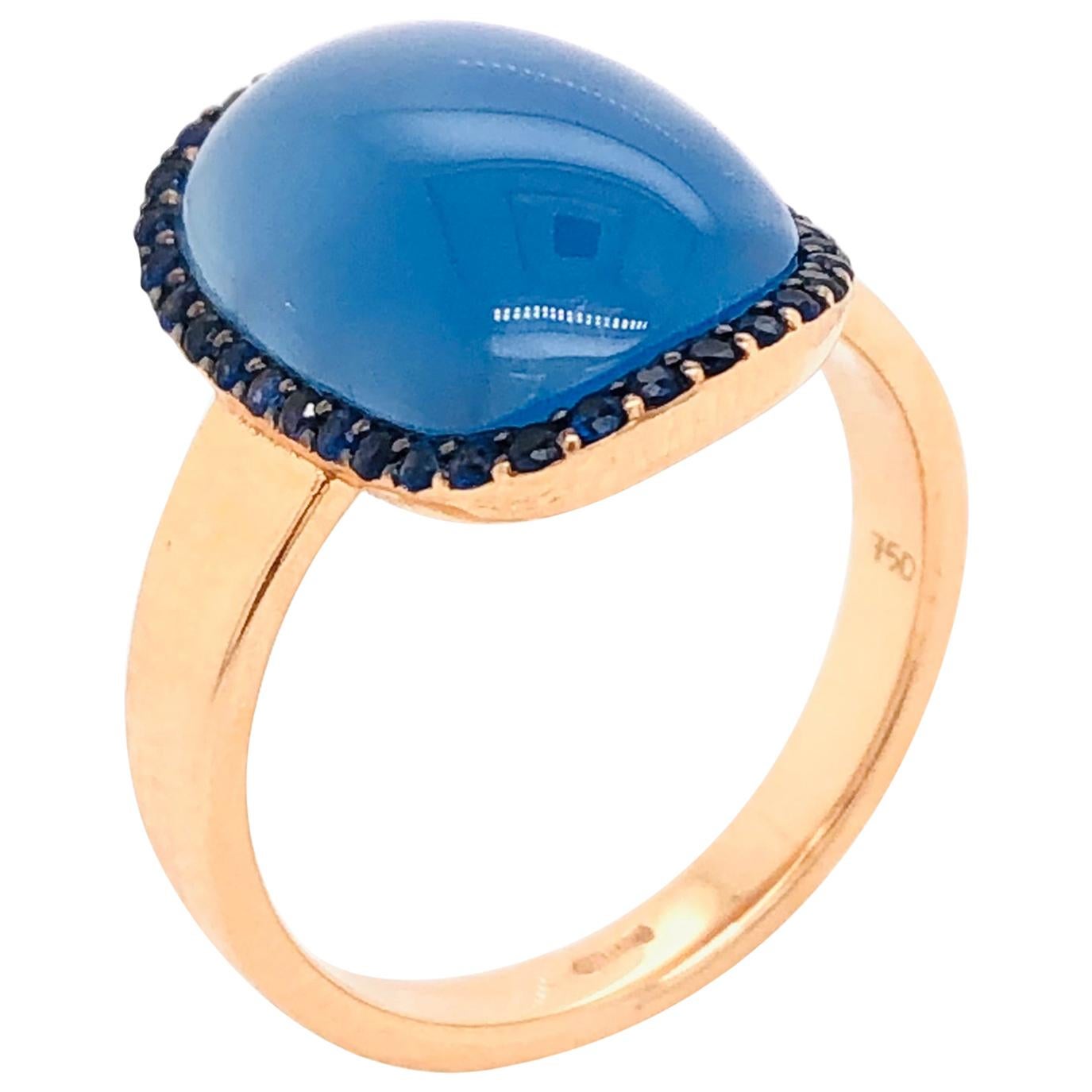 Blauer Achat Ring Blauer Saphir Rose Gold 18 Karat im Angebot