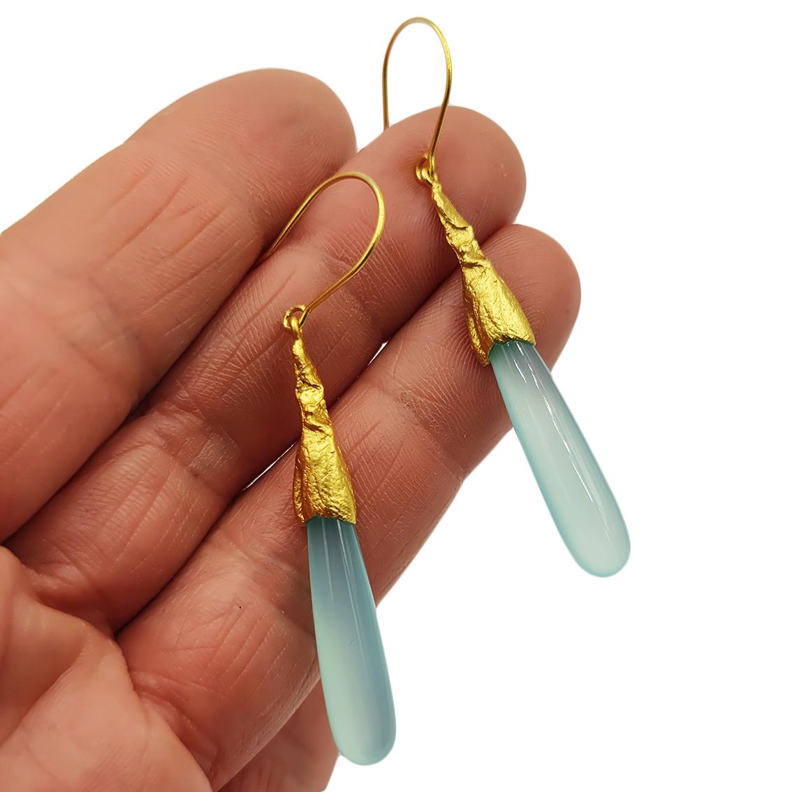Mixed Cut Blue Agate Silver Gold Plate Hand Made Artist Design Dangle Earrings For Sale
