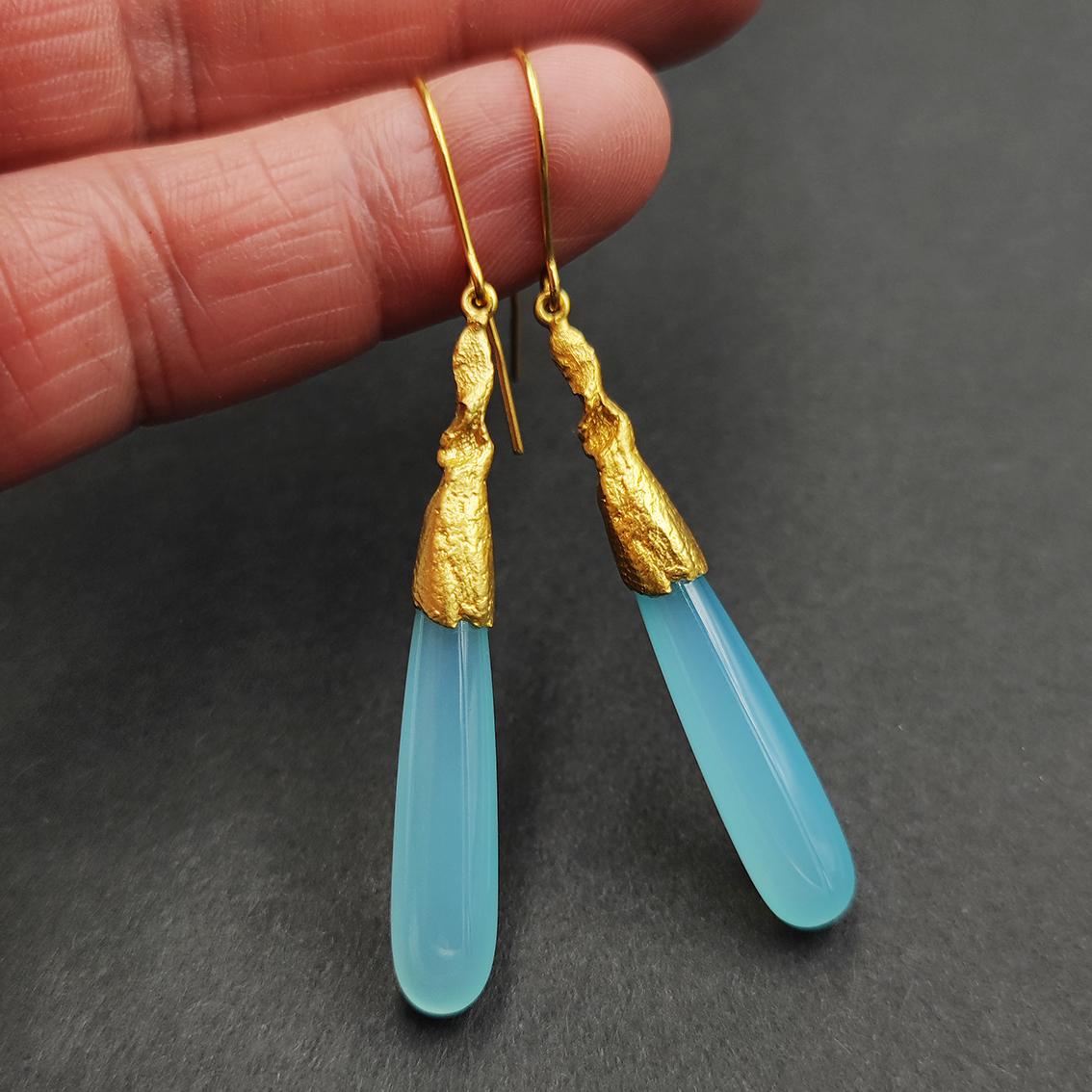 Blue Agate Silver Gold Plate Hand Made Artist Design Dangle Earrings In New Condition For Sale In Warszawa, PL