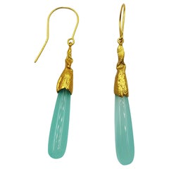 Blue Agate Silver Gold Plate Hand Made Artist Design Dangle Earrings