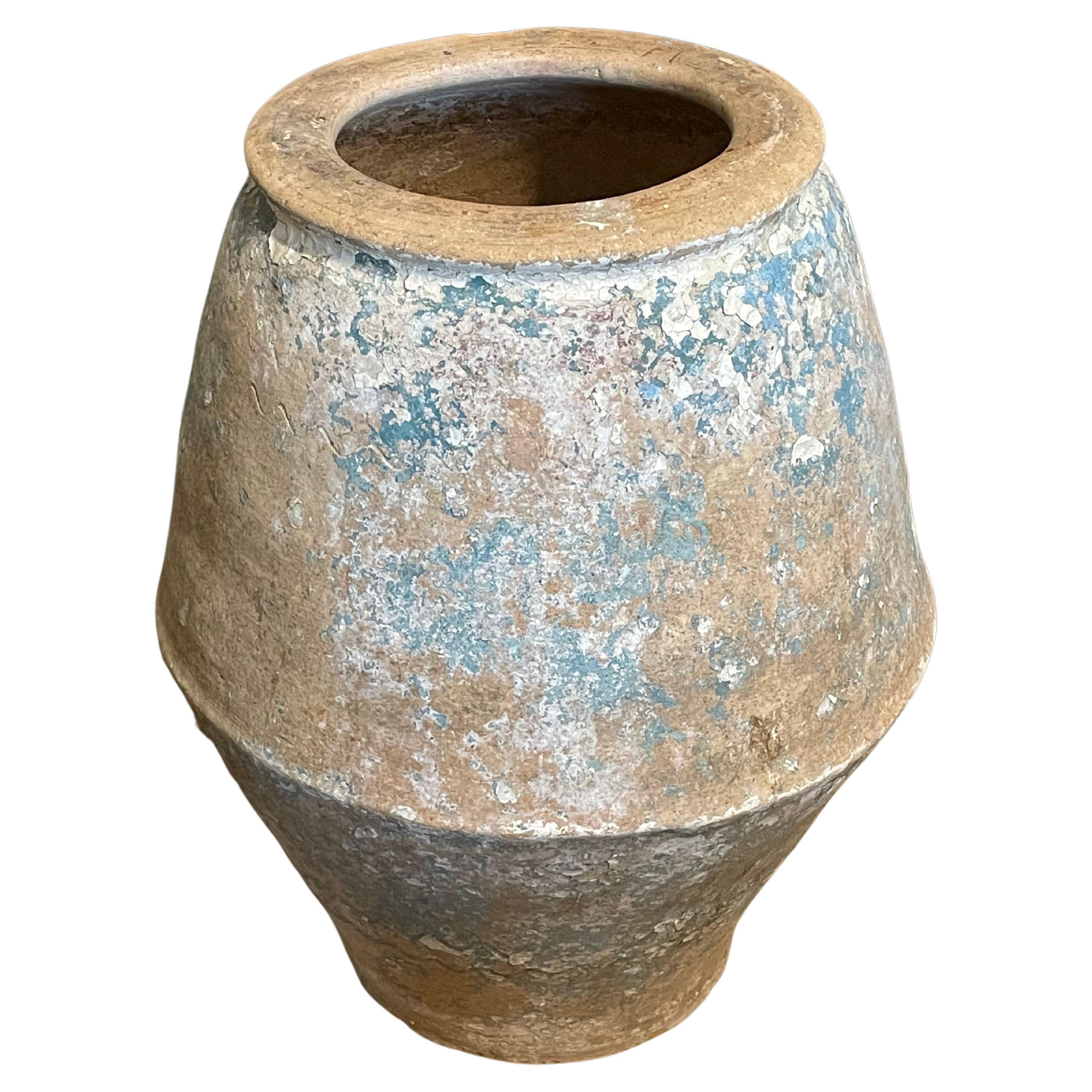 Blue Aged Patina Terracotta Olive Pot, Spain, 19th Century