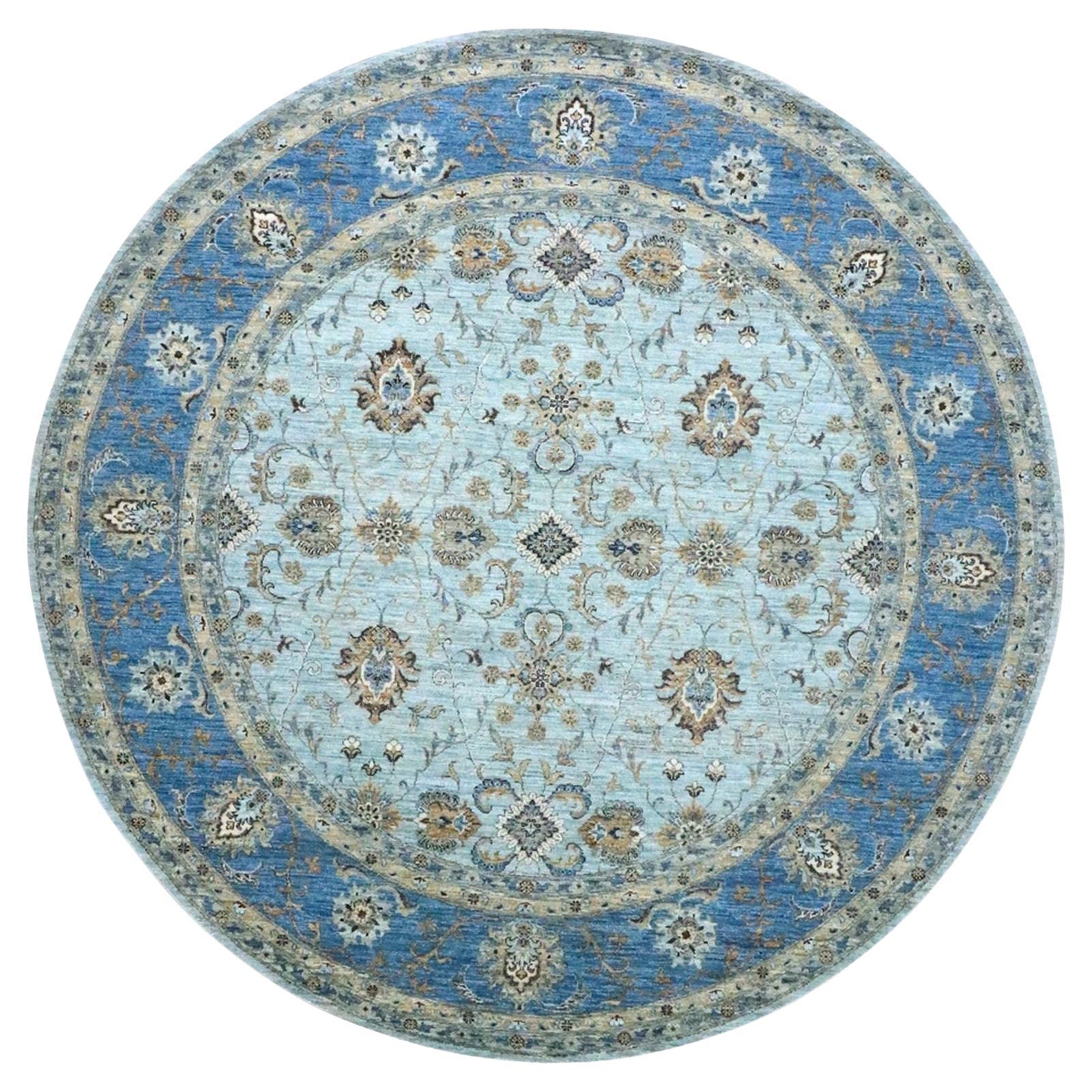 Tappeto rotondo in lana blu Agra Shah Abbas Flower Design annodato a mano 8'11" x 9'0"