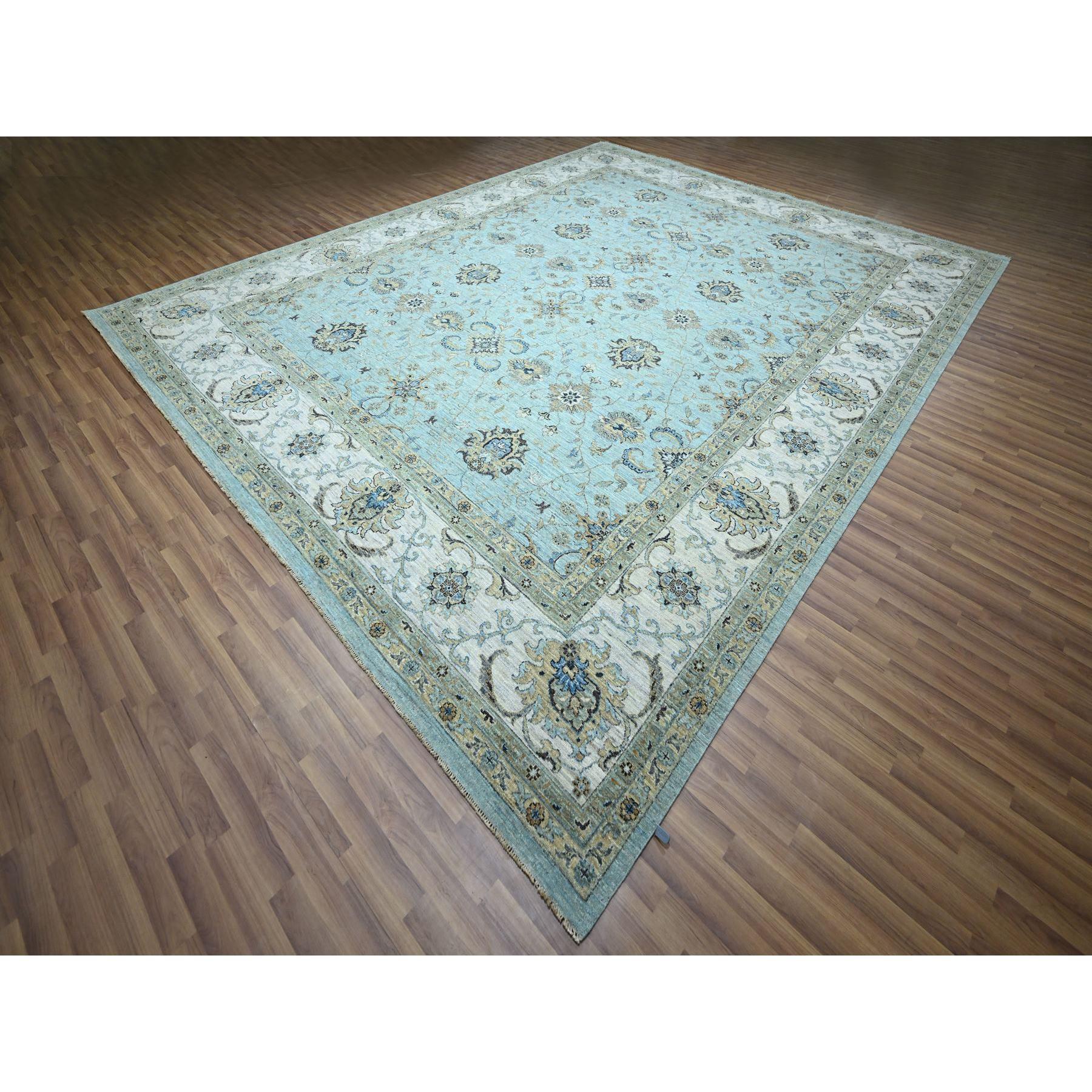 Indien Tapis bleu Agra Shah Abbas à motif de vignes de fleurs noué à la main 12'2