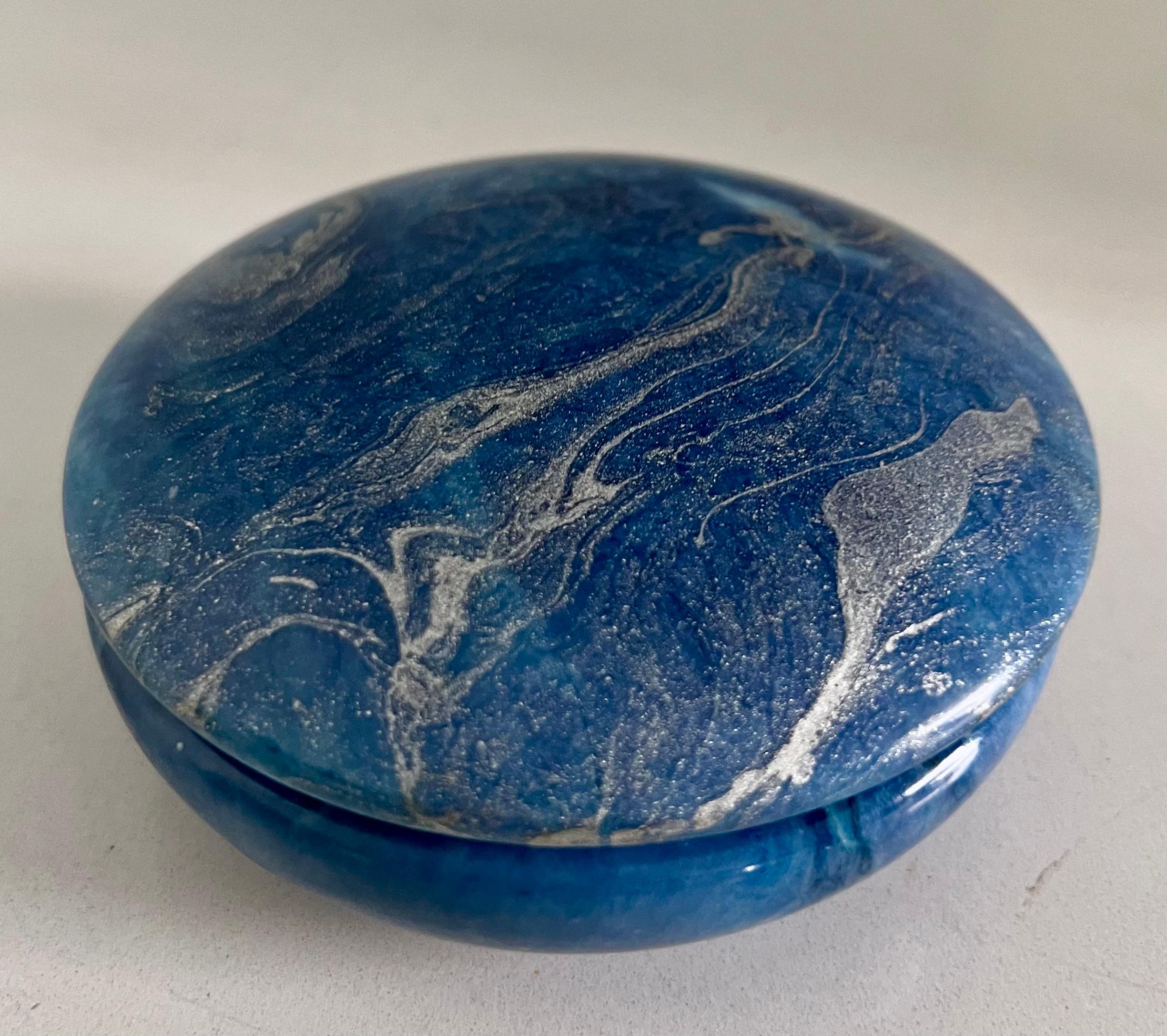 Beautiful shimmery round alabaster box with sliding lid. Unique custom blue colored box is perfect for your mementos, coins, jewelry or 420. Slide the lid shut for an elegant compliment to a bathroom, vanity, desk or work station.